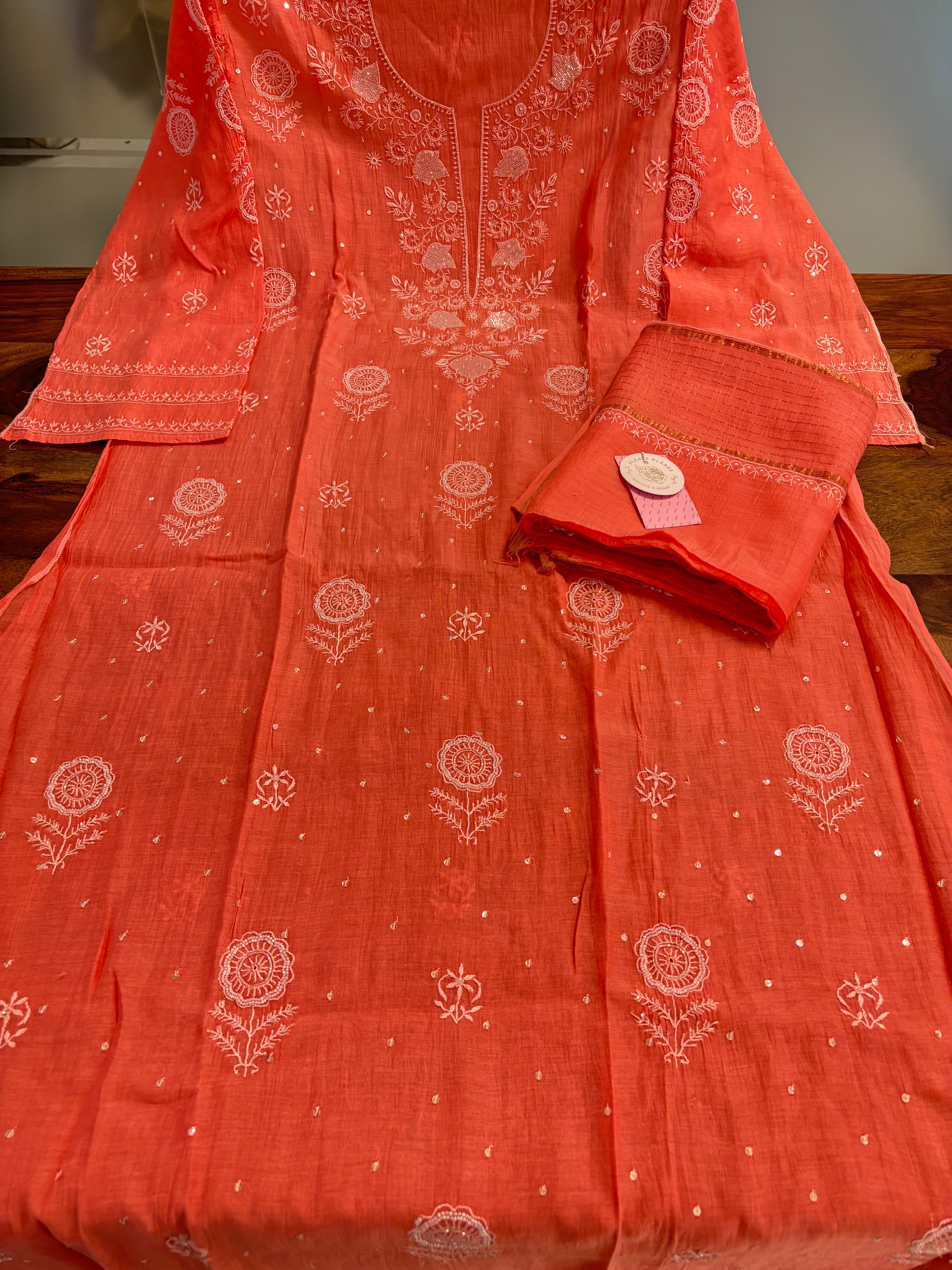 Coral Peach Chanderi Chikankari Kurta & Dupatta