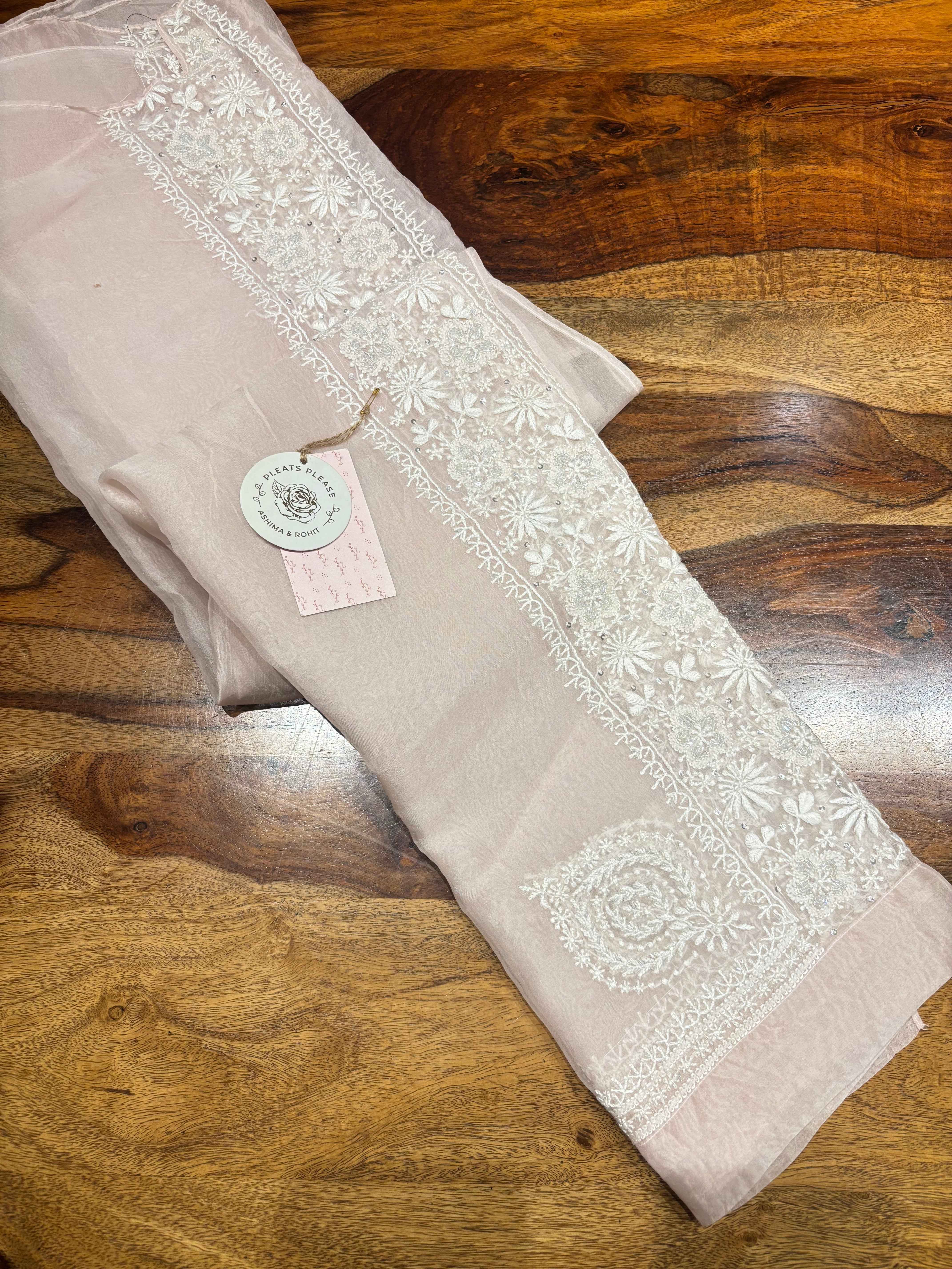 Soft Pink Organza Chikankari Co-ord Set - Pleats PleaseChikankari