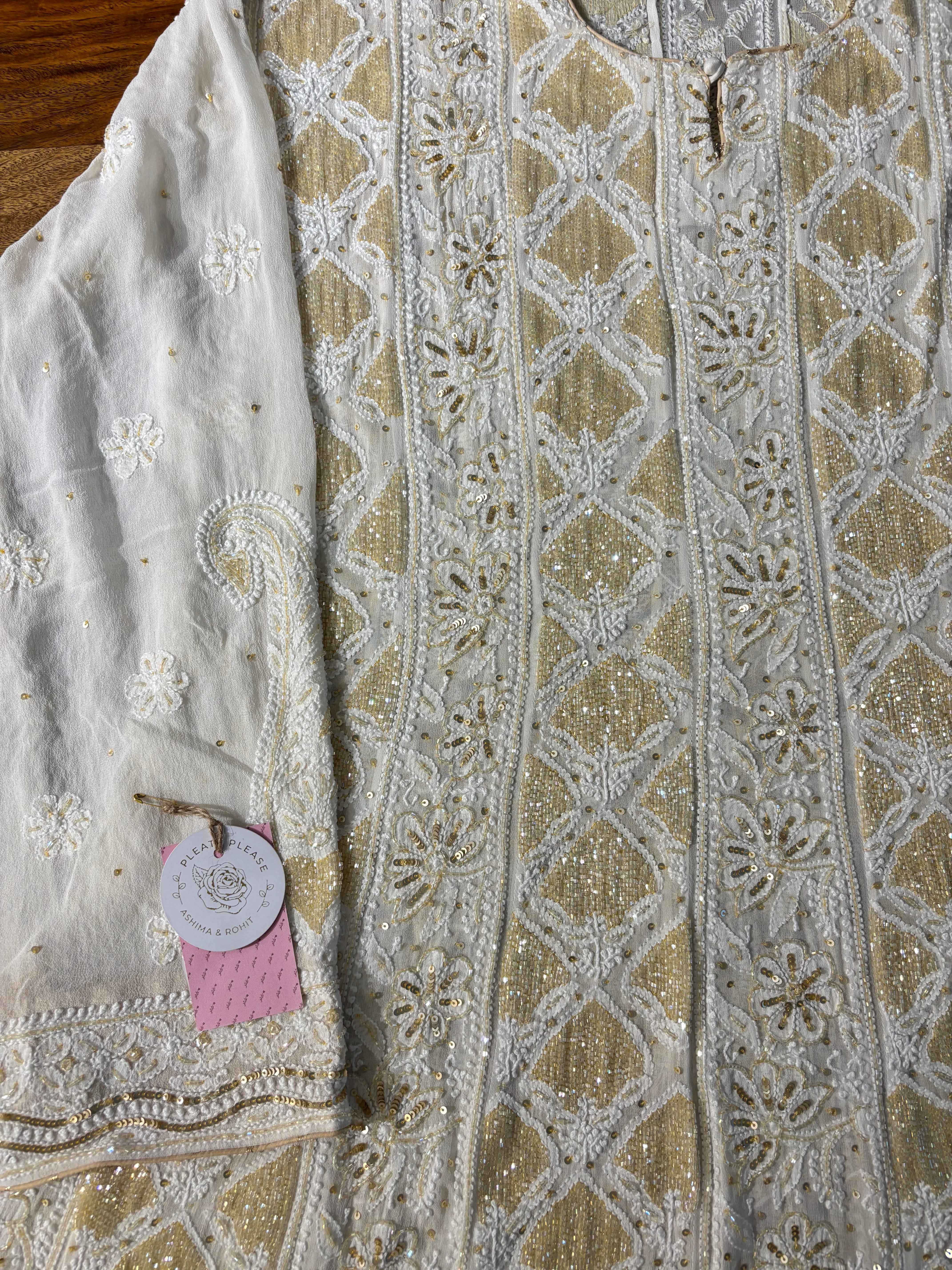 Off White Georgette Chikankari Heavy Jaal Anarkali Kurta & Dupatta