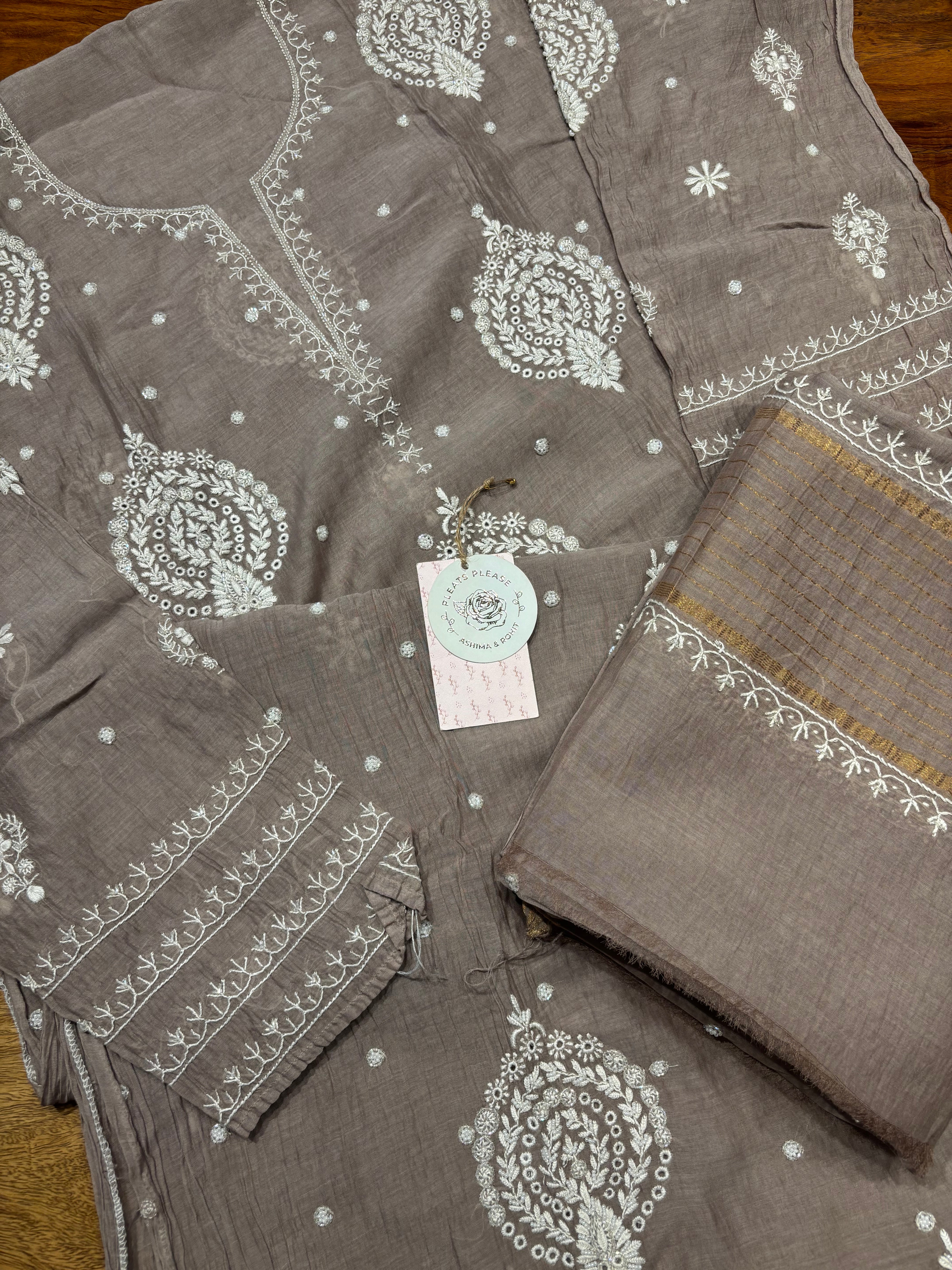 Brown Chanderi Mul Chikankari Kurta and Dupatta