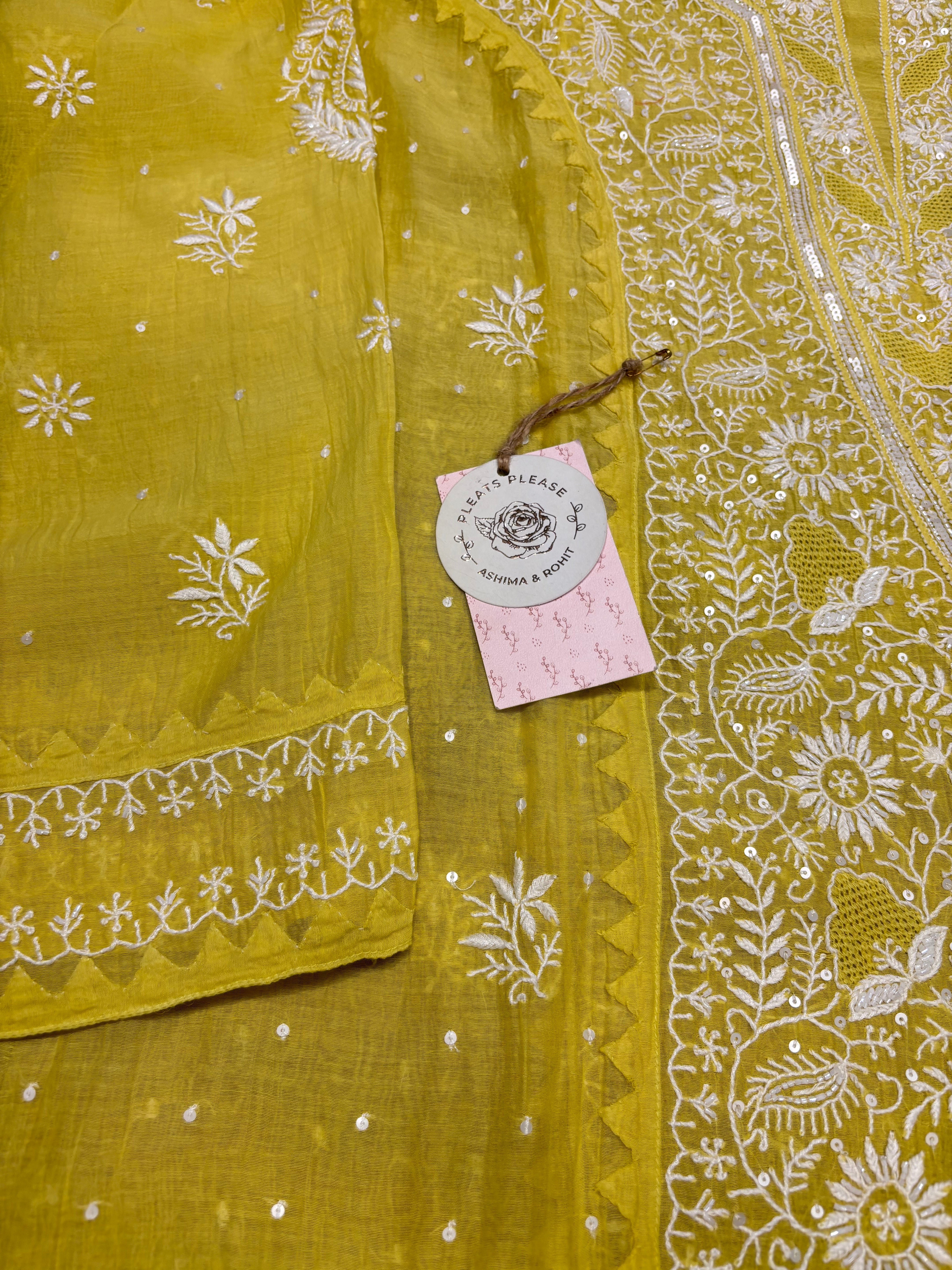 Yellow Chanderi Mul Chikankari Kurta and Dupatta set