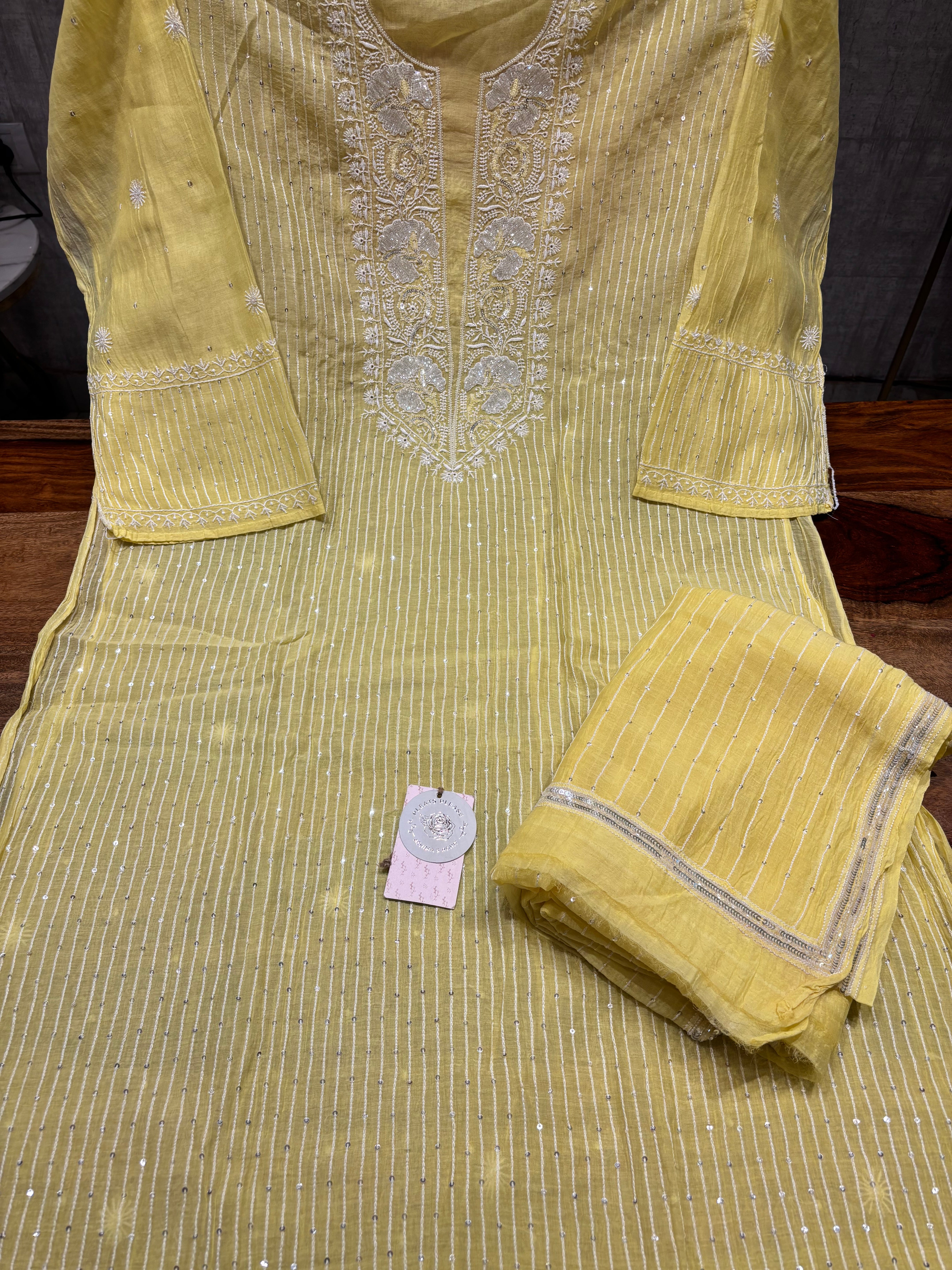 Yellow Chanderi Mul Chikankari Kurta and Dupatta Set