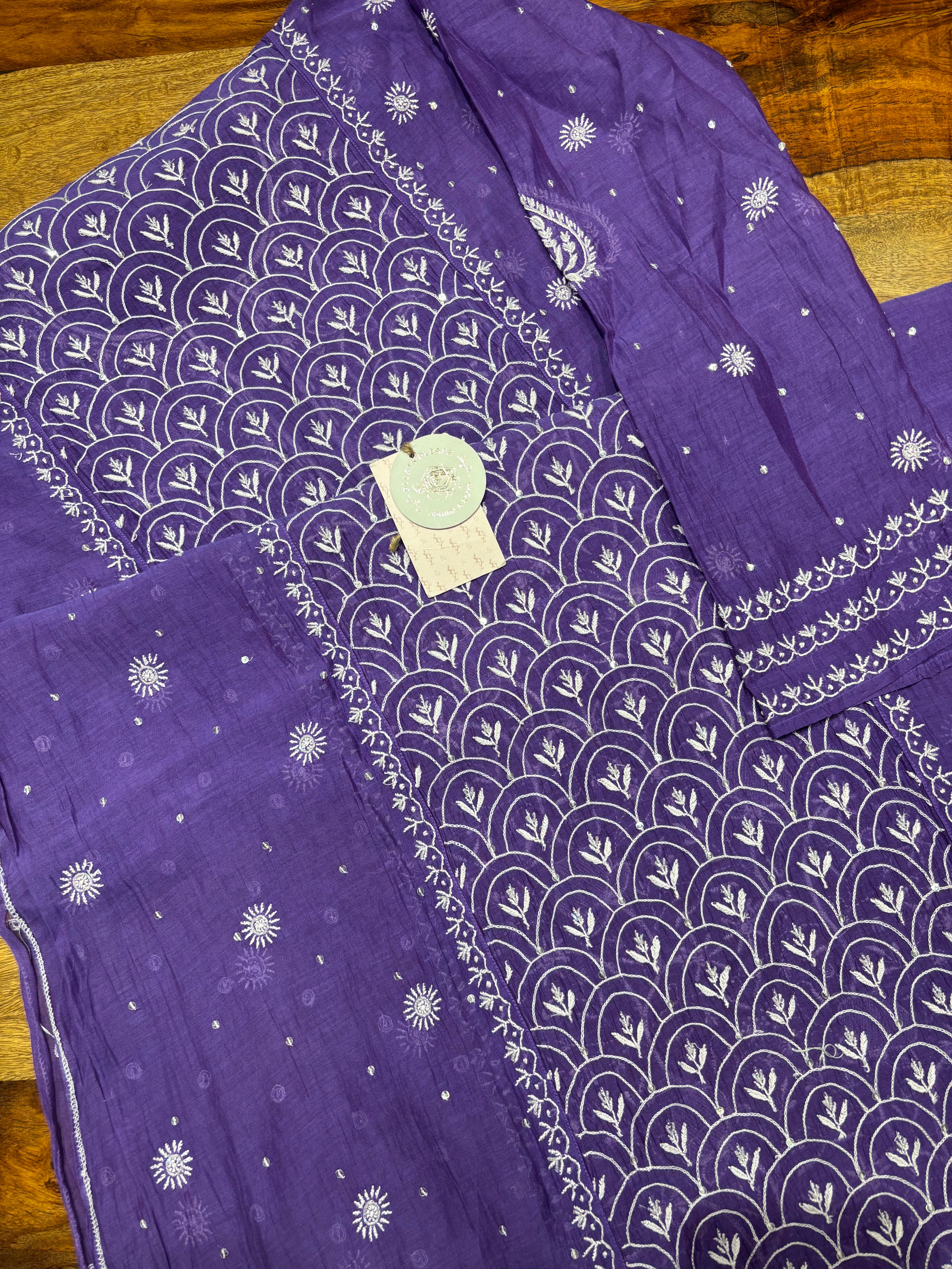 Purple Chanderi Mul Chikankari Kurta & Dupatta Set