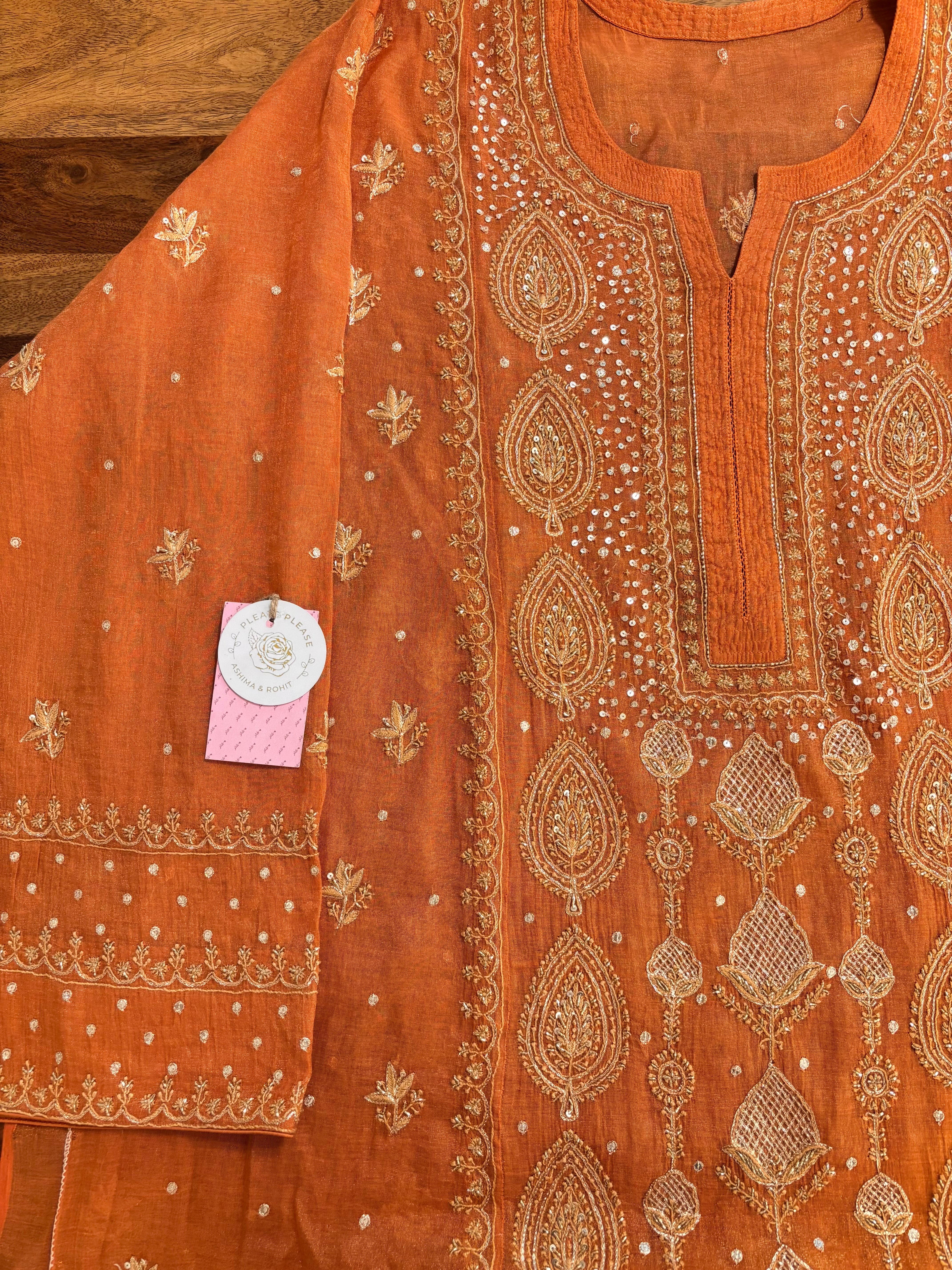 Burnt Orange Pure Tissue Chikankari Kurta & Dupatta
