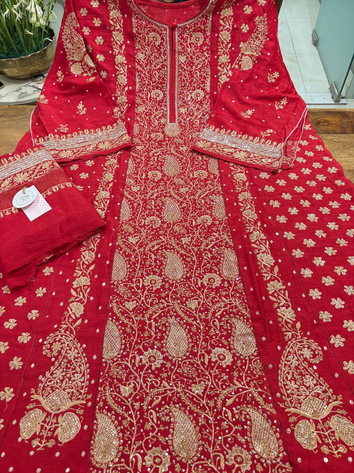 Crimson Red Monga Silk Chikankari Kurta & Dupatta