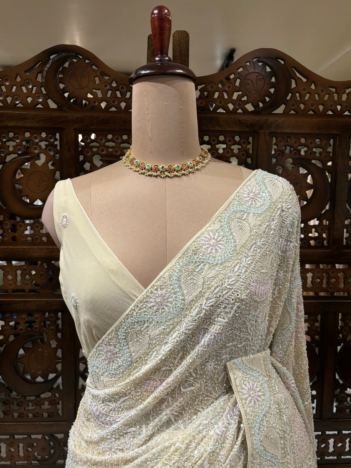 Soft Cream Pure & Premium Georgette Chikankari Saree
