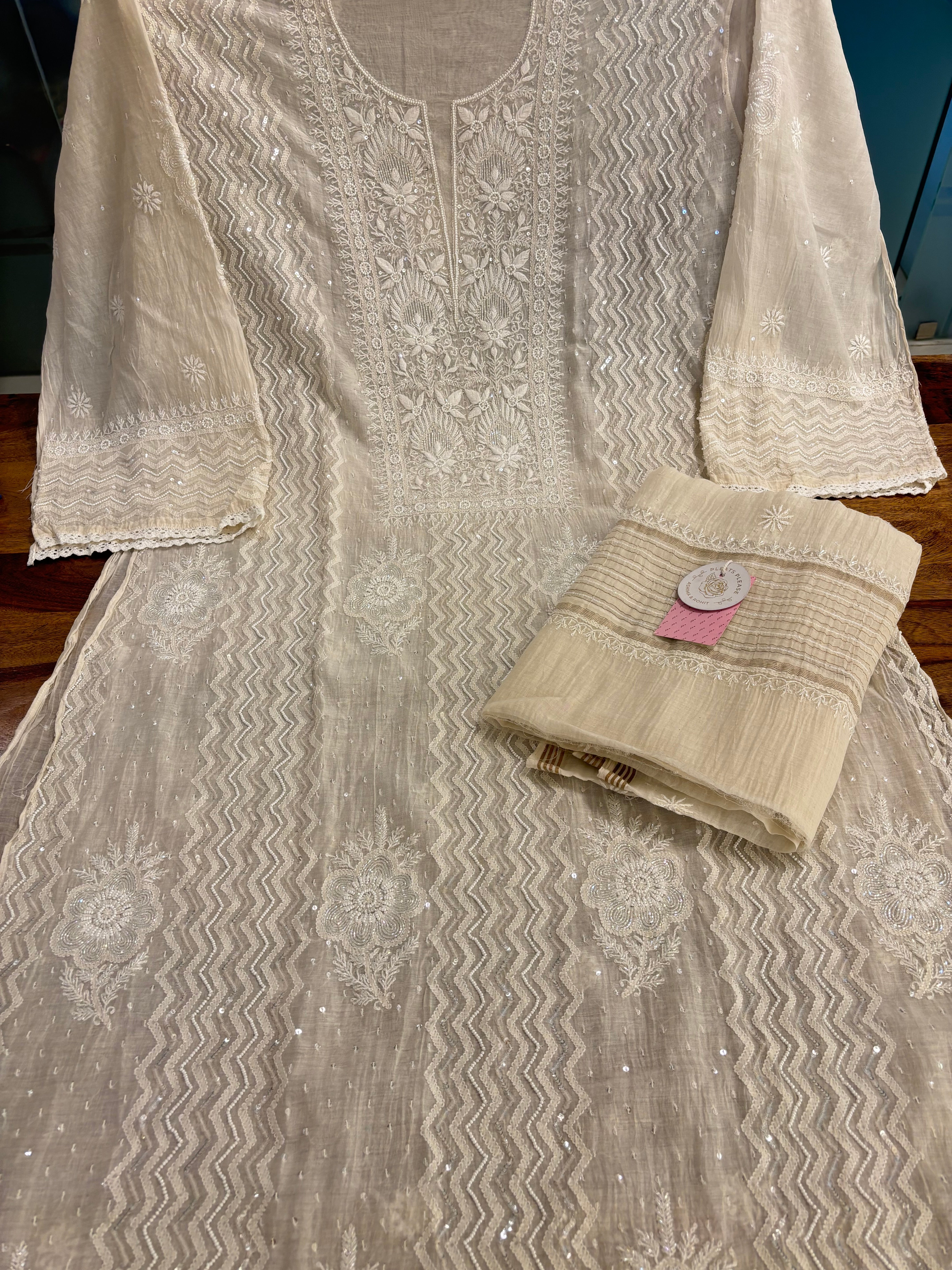 Dyeable Chanderi Mul Chikankari Kurta & Dupatta