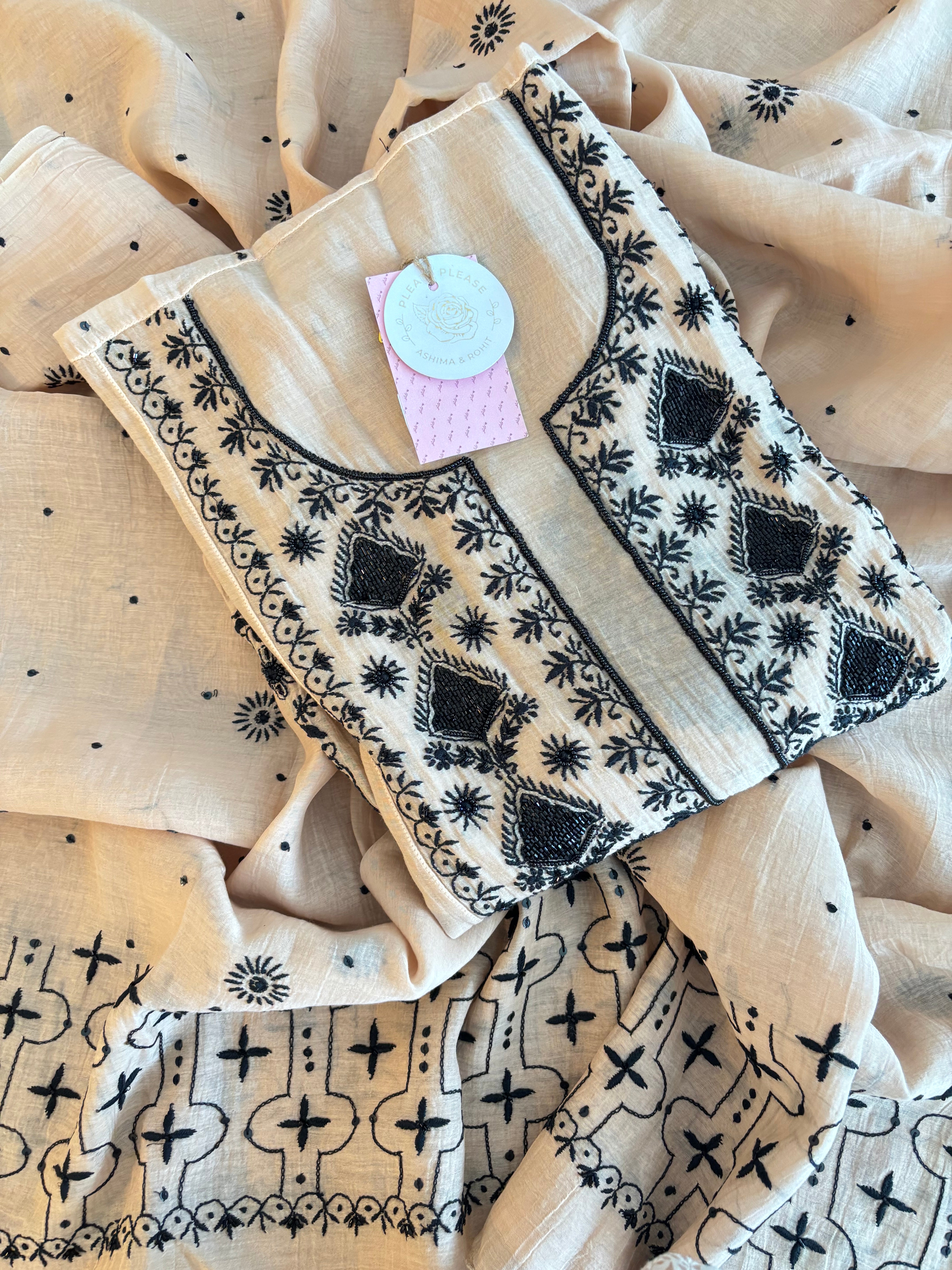 Cream peach Chanderi Mul Chikankari A-line Kurta & Dupatta