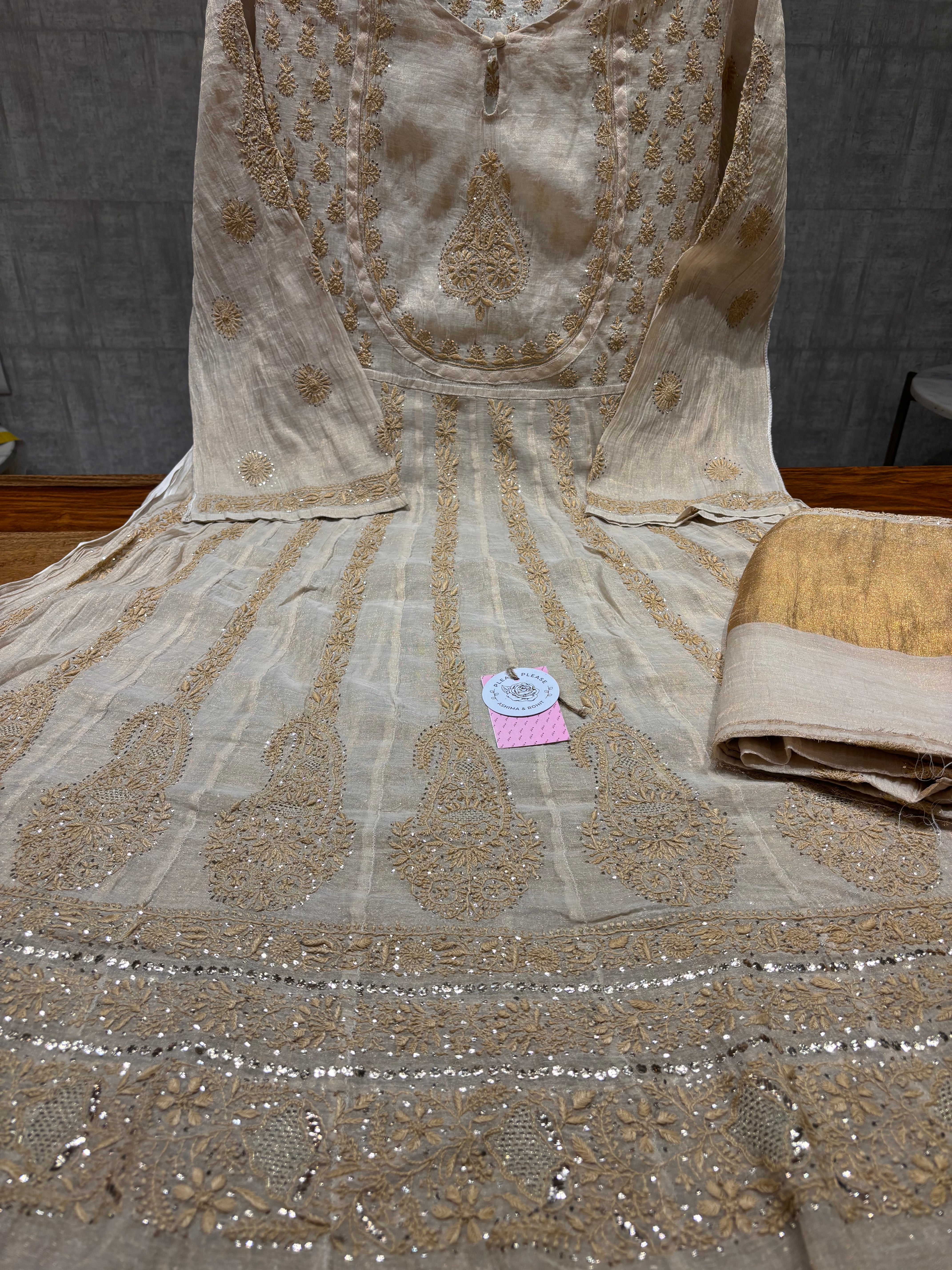 Dyeable Pure and Premium Tissue Chikankari & Mukaish Bajirao Anarkali and Dupatta Set