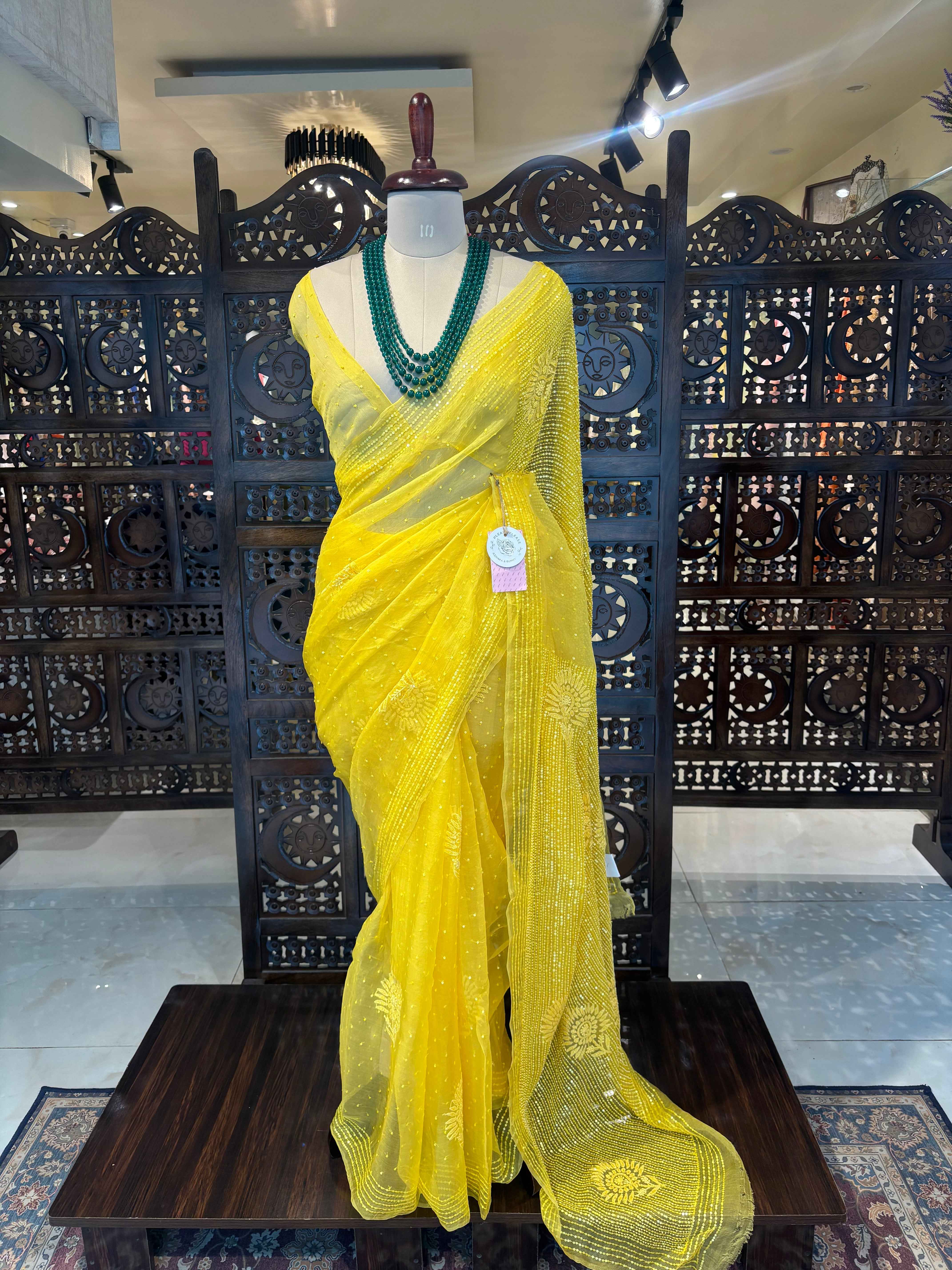 Yellow Pure Organza Chikankari Saree