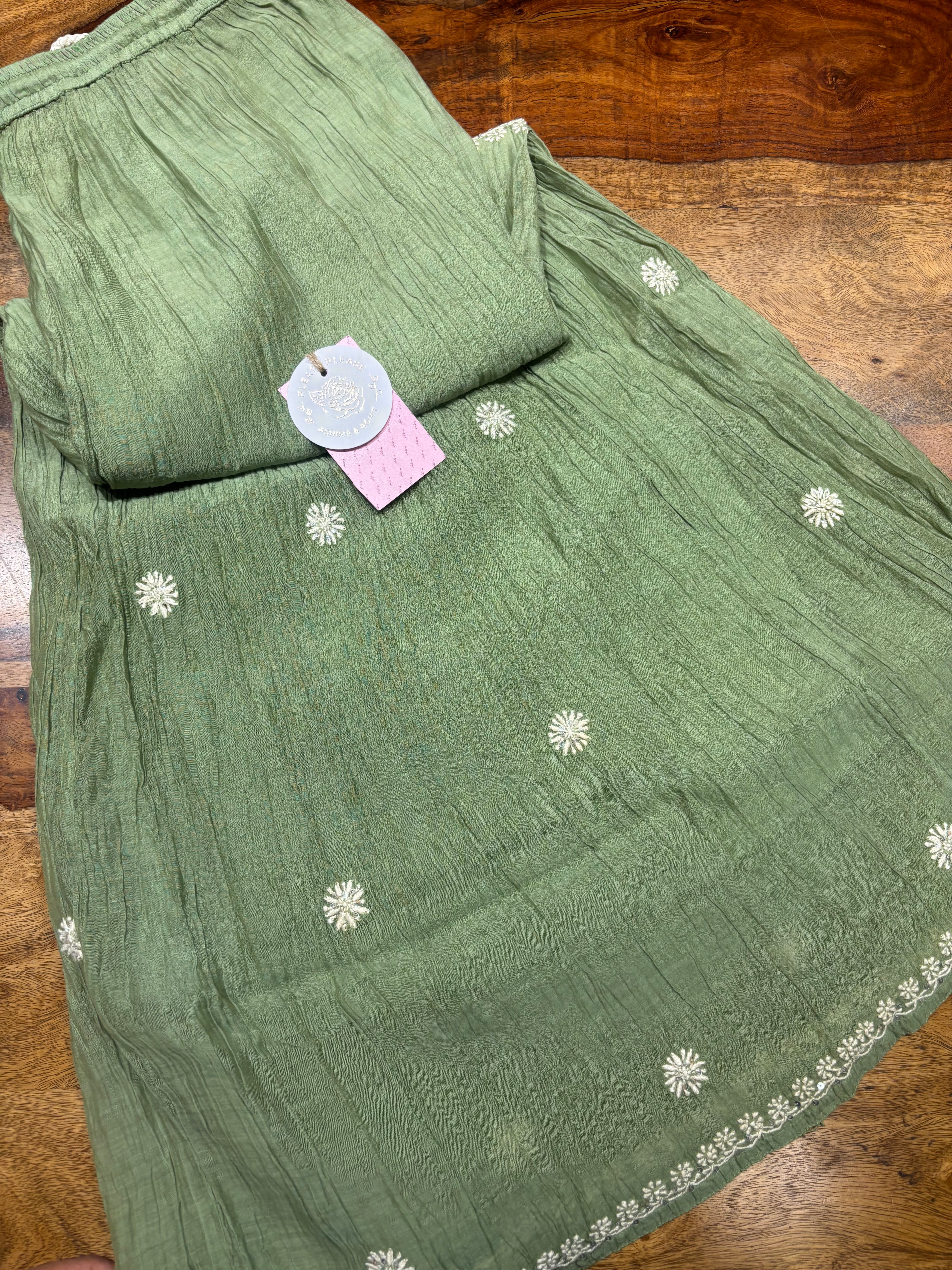 Sage Green Chanderi Mul Chikankari Kurta, Sharara & Dupatta Set
