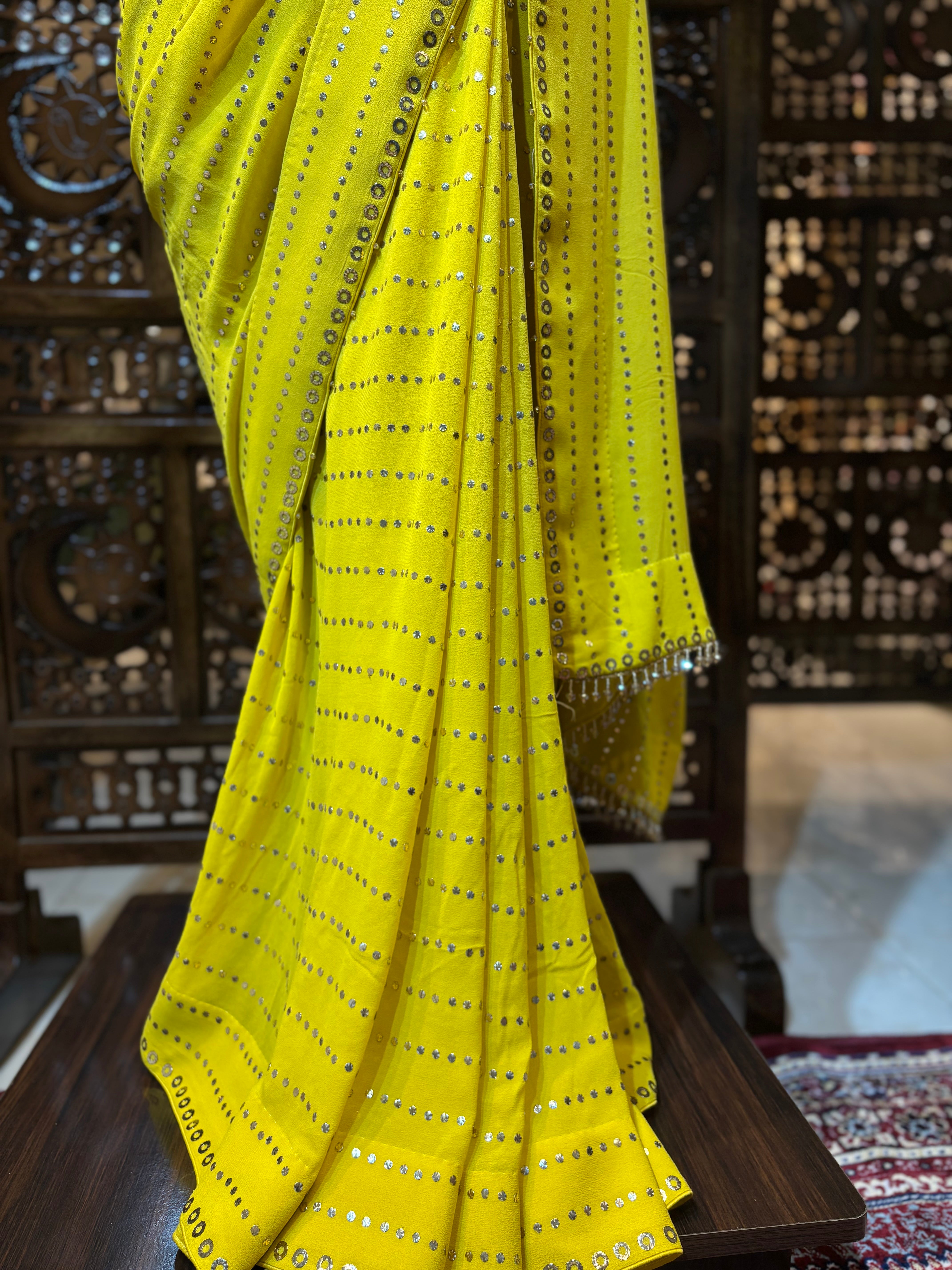 Dhaani Green Pure & Premium Georgette Mukaish Saree & Blouse - Pleats PleaseChikankari