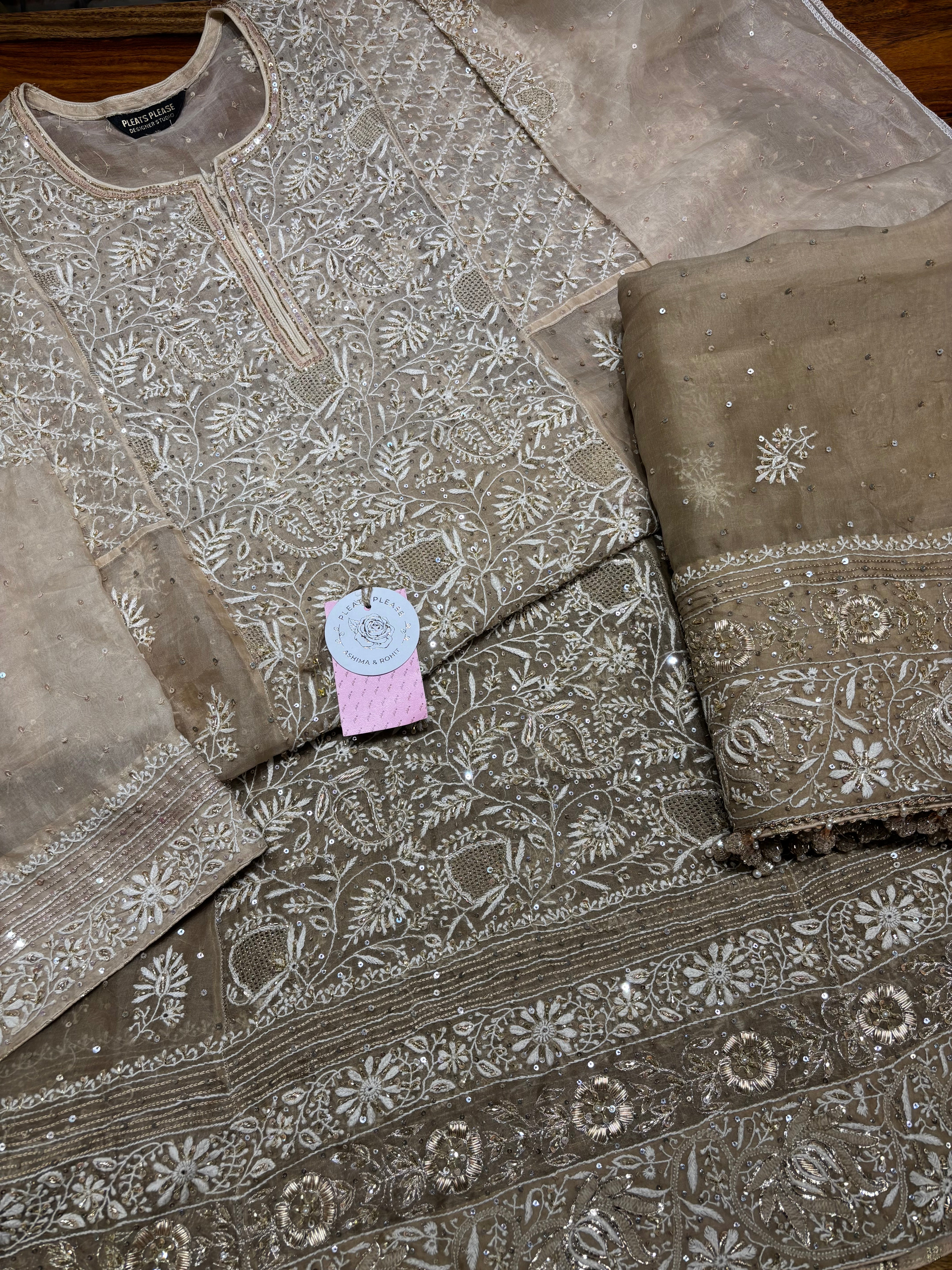 Brown Pure & Premium Organza Chikankari Anarkali & Dupatta Set