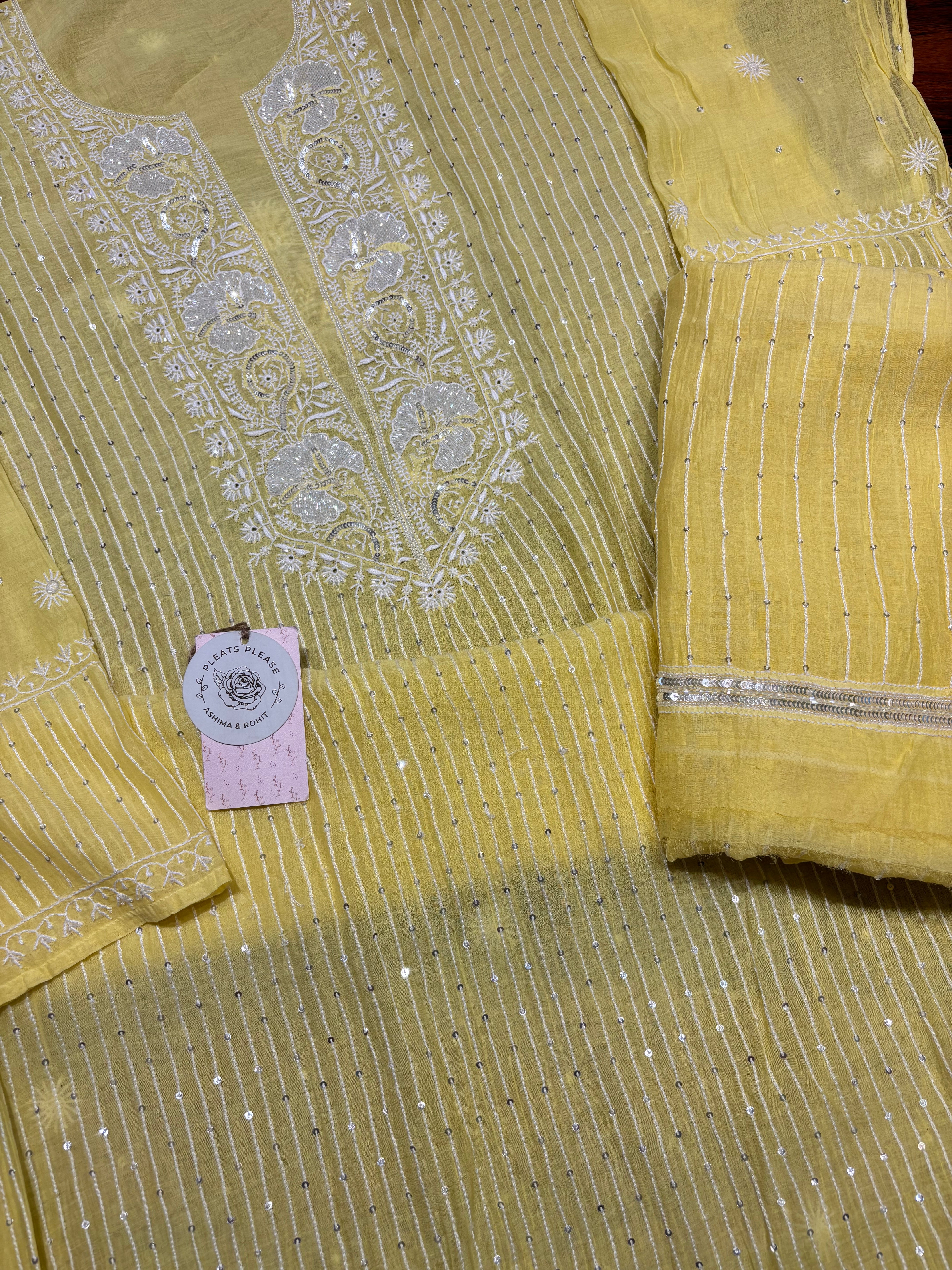Yellow Chanderi Mul Chikankari Kurta and Dupatta Set