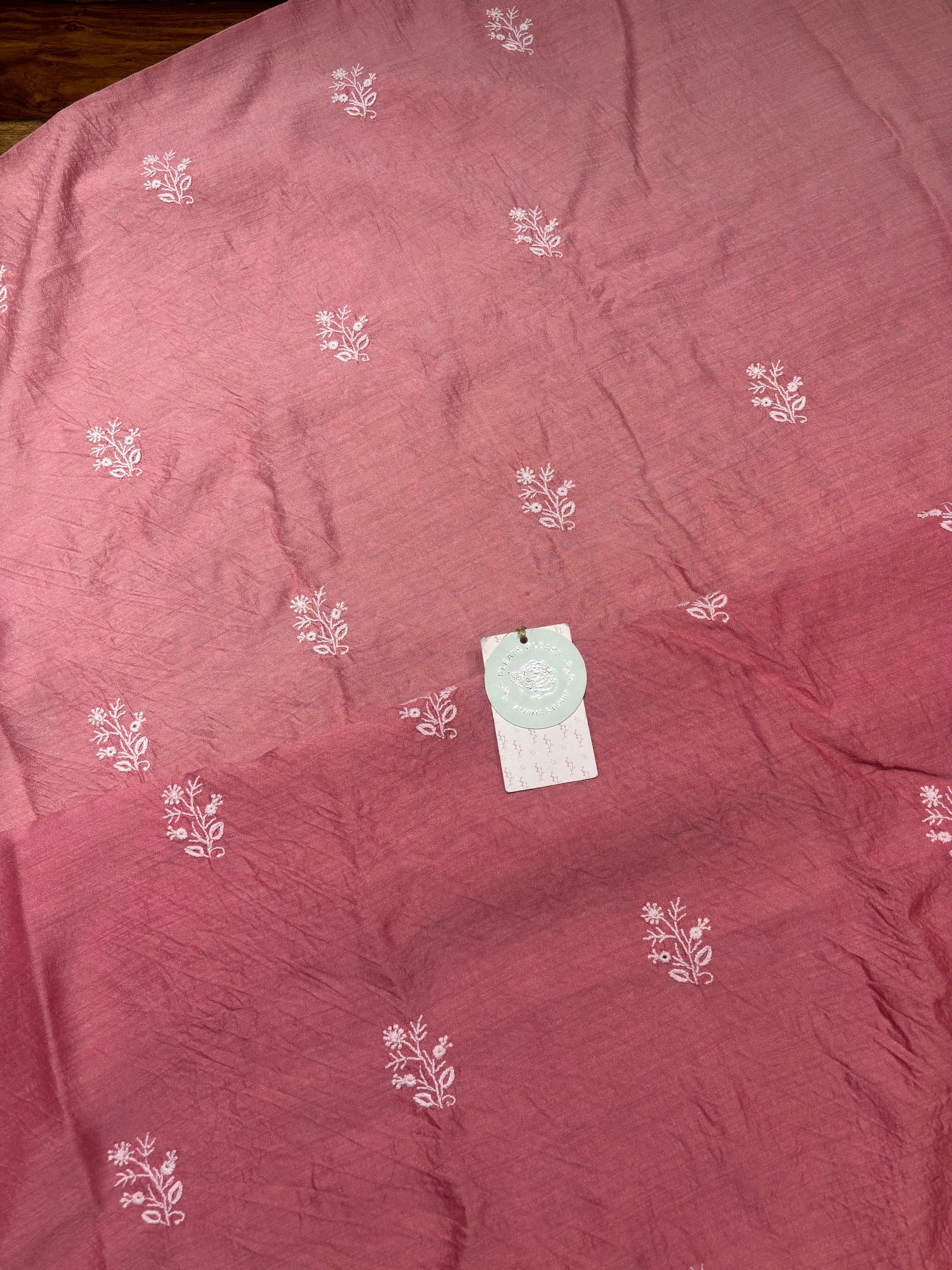 Flamingo Pink Ombre Pure & Premium Monga Silk Chikankari Kurta & Dupatta Fabric