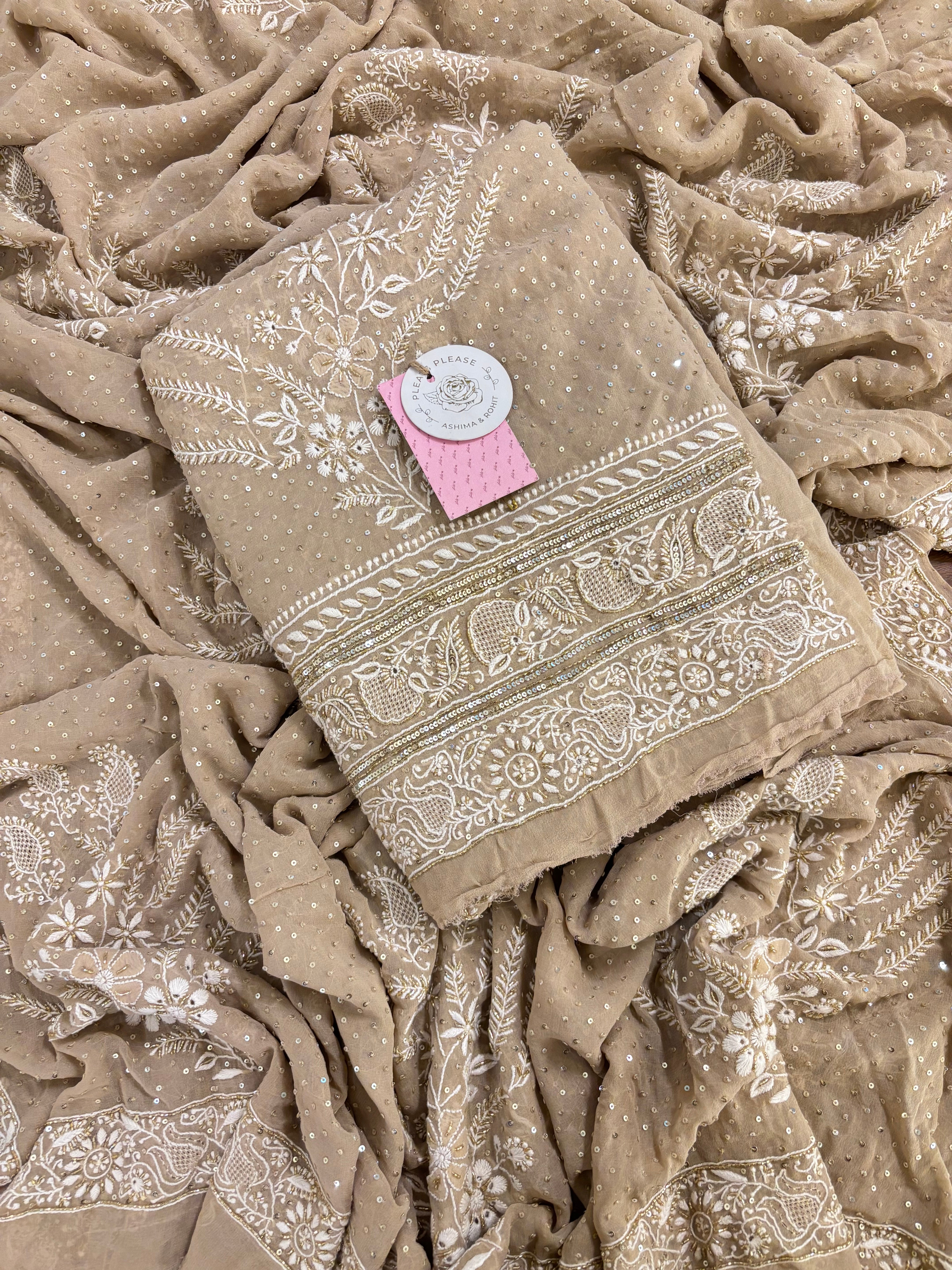 Taupe Pure & Premium Georgette Chikankari Kurta & Dupatta