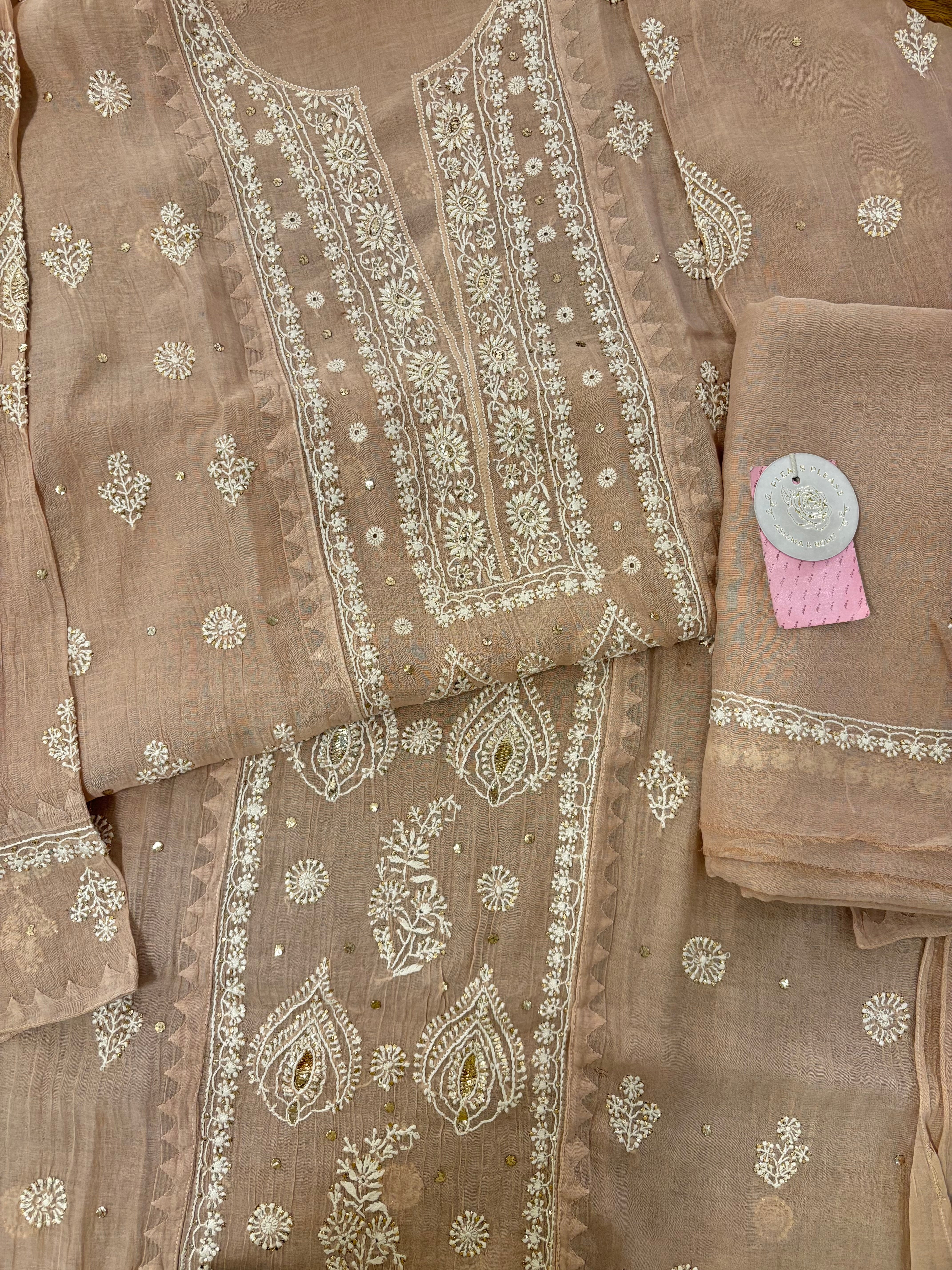Rosewood Taupe Chanderi Mukaish Chikankari Kurta & Dupatta - Pleats PleaseChikankari