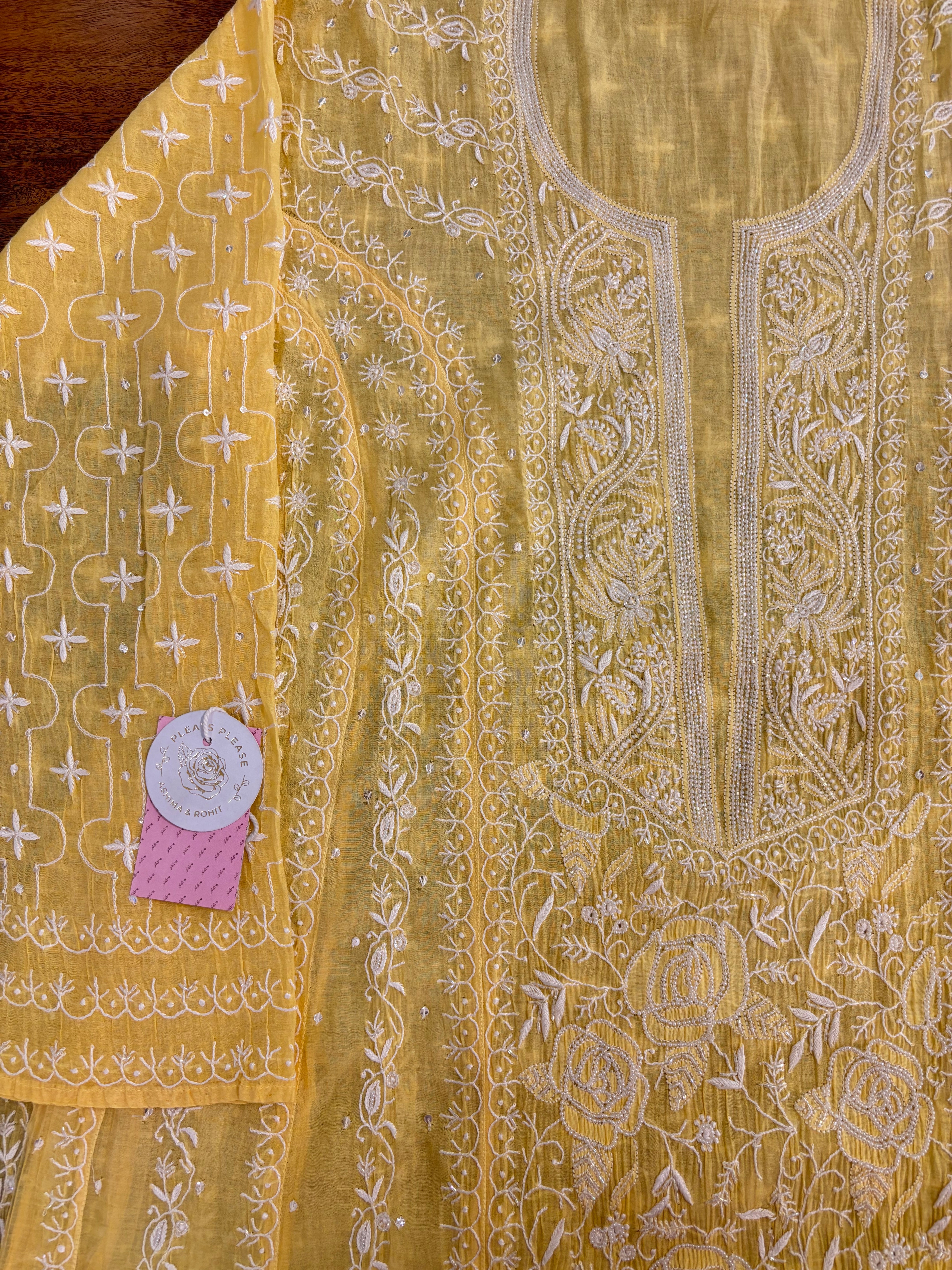 Yellow Chanderi Mul Chikankari Anarkali & Dupatta Set - Pleats PleaseChikankari