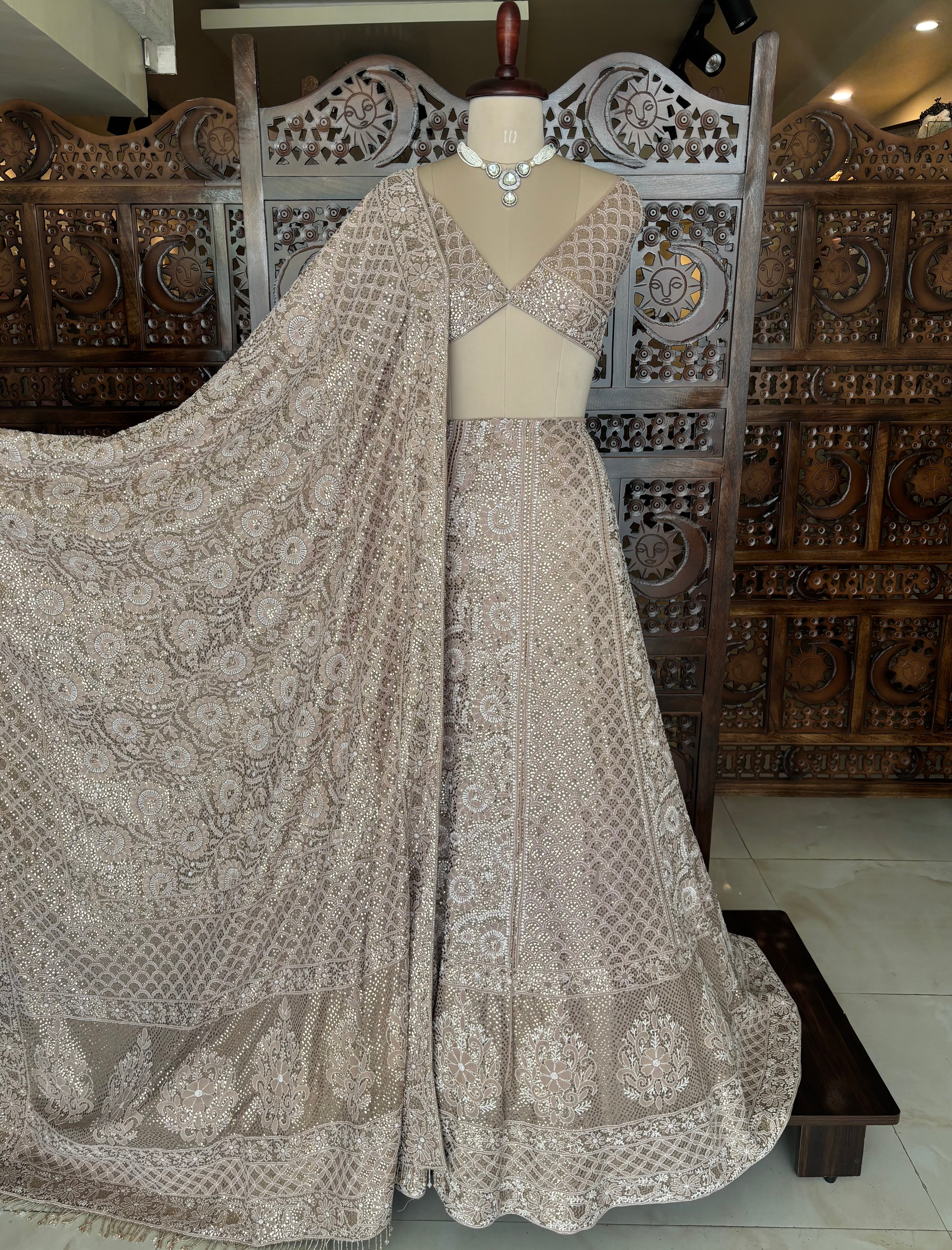 Champagne Beige Pure & Premium Georgette Chikankari Mukaish Lehenga & Dupatta Set