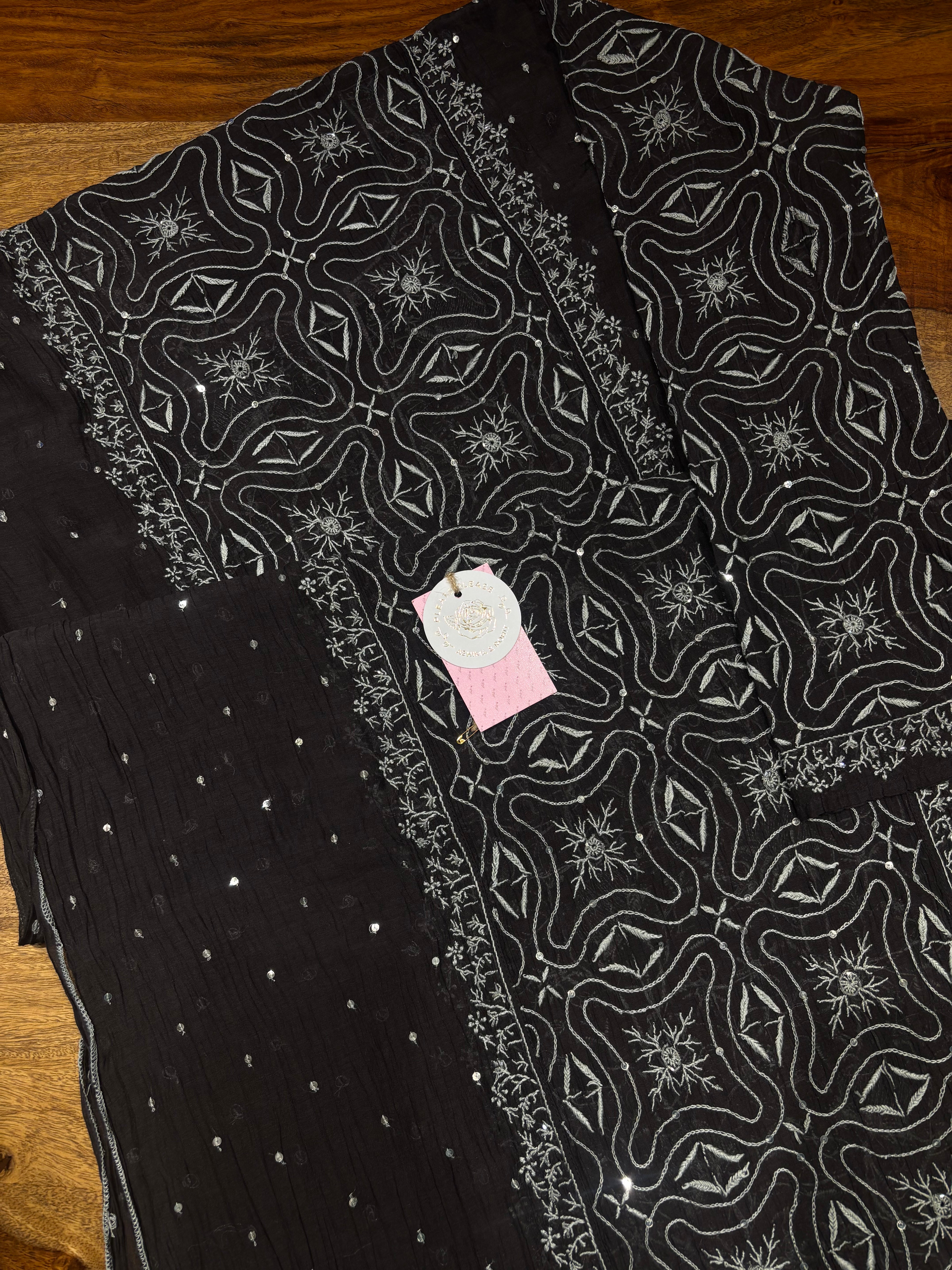Black Chanderi Mul Chikankari Kurta & Dupatta Set