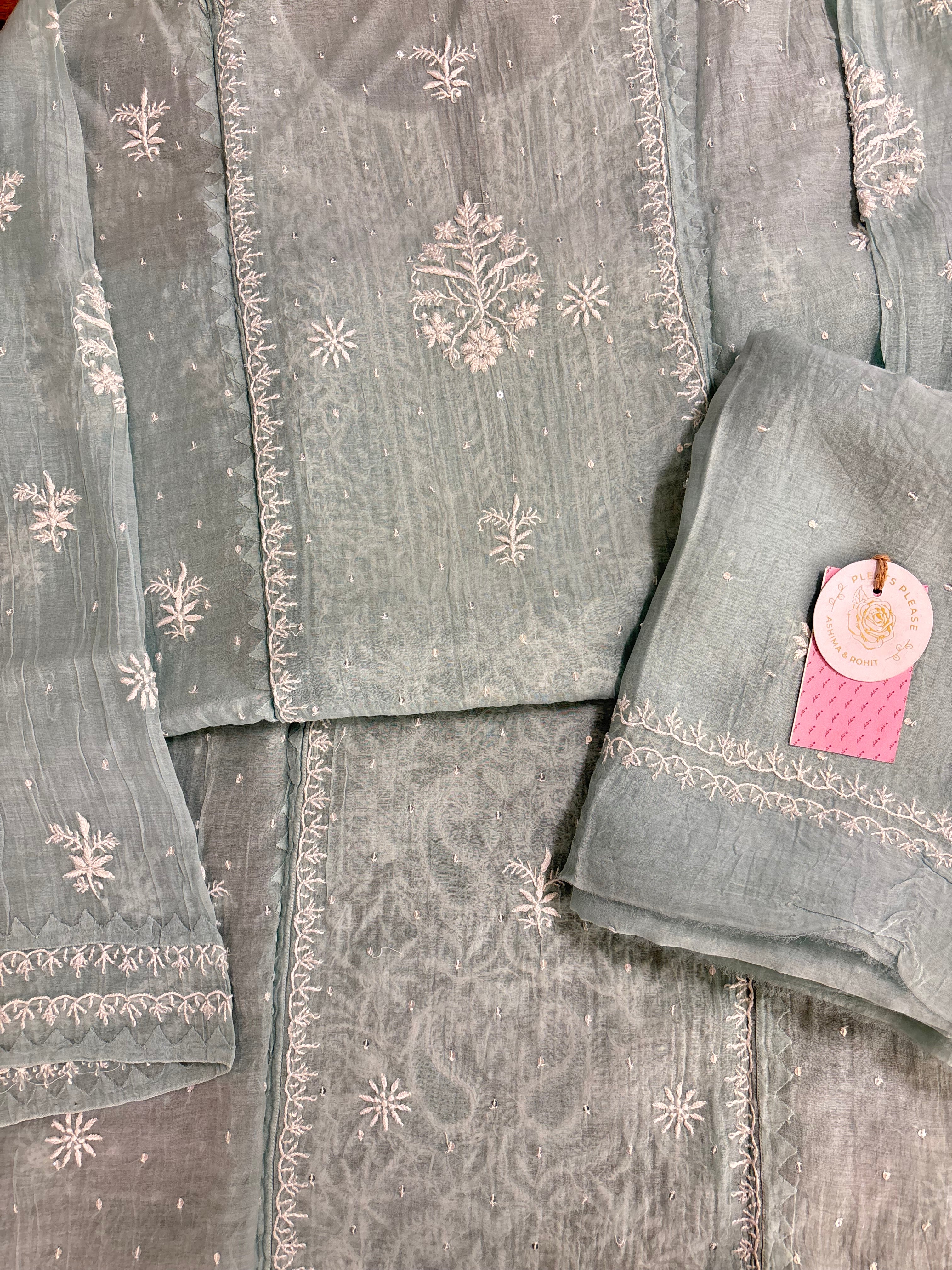 Ice Blue Chanderi Chikankari Kurta & Dupatta