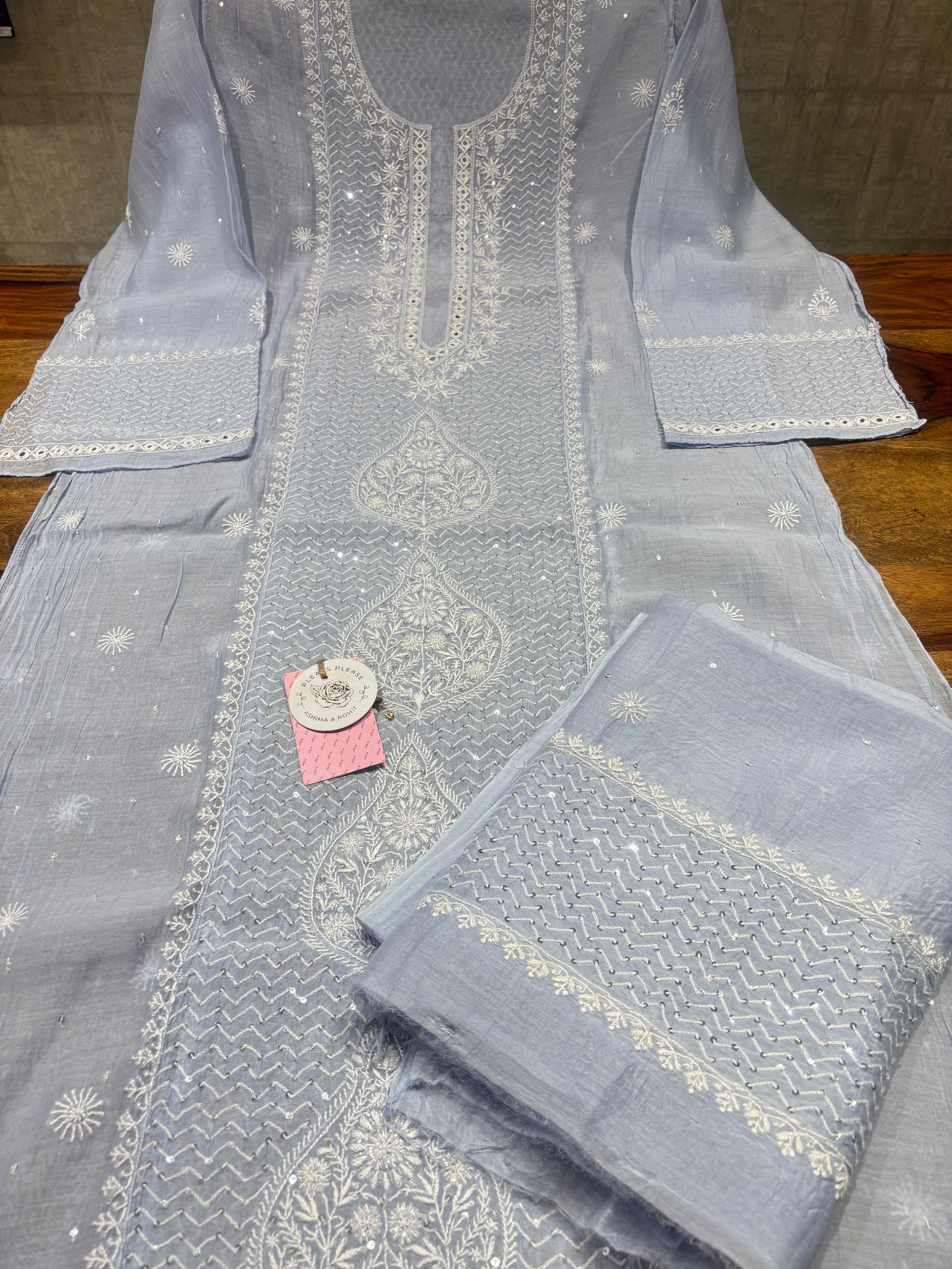 Powder Blue Chanderi Mul Chikankari Kurta & Dupatta Set