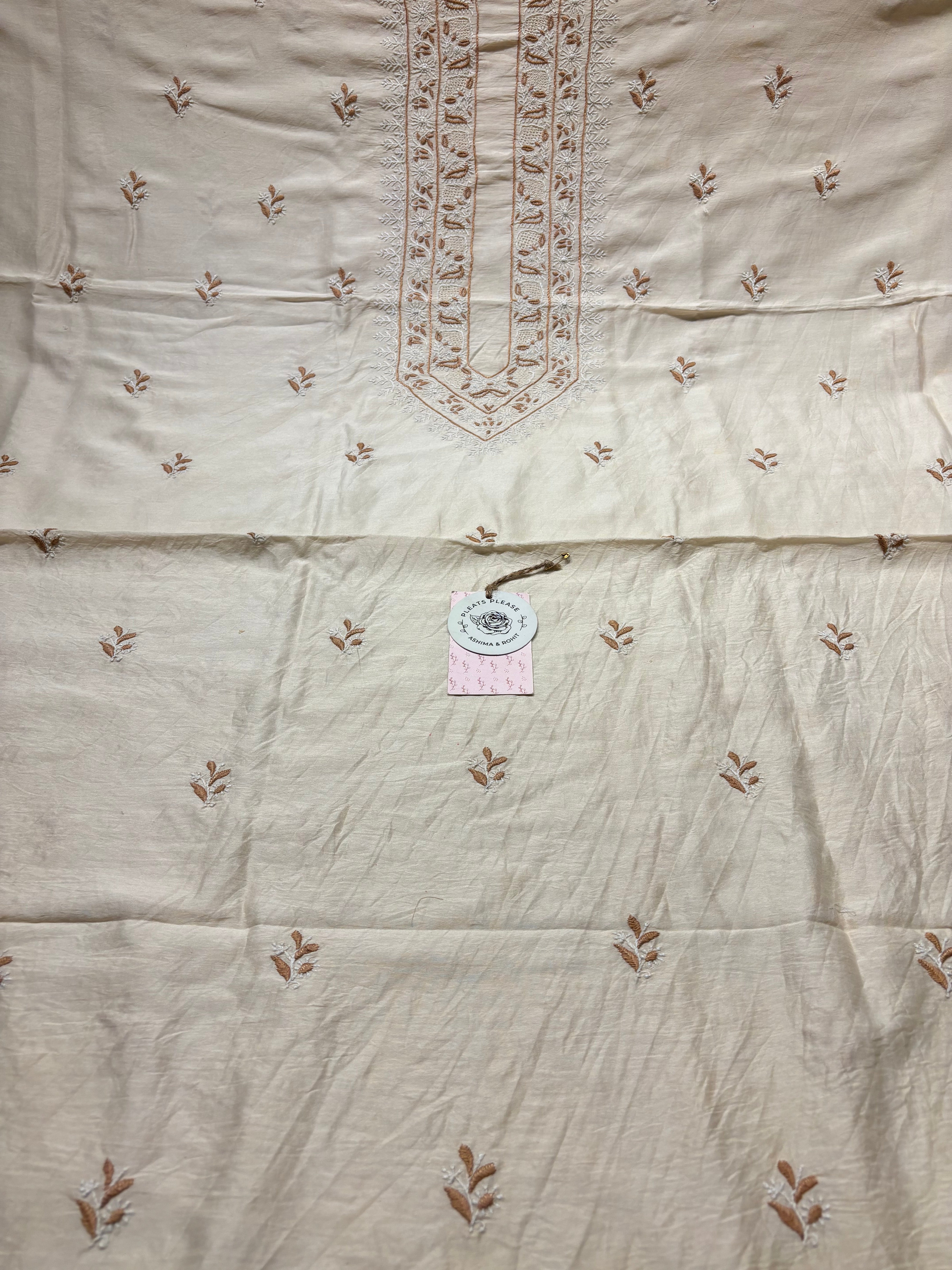 Off White Chanderi Silk Chikankari Men's Kurta Fabric