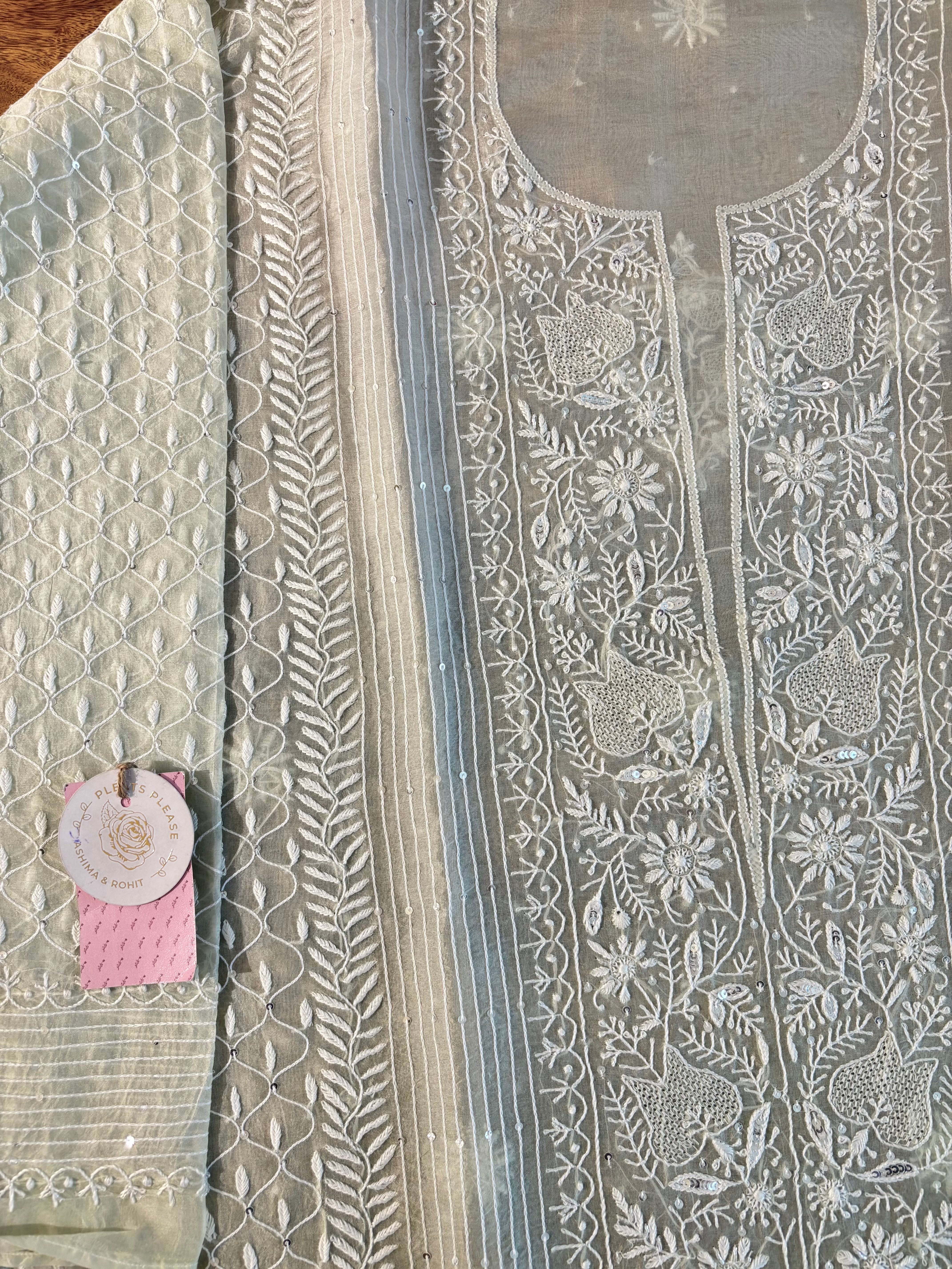 Pastel Sage Green Organza Chikankari Kurta & Dupatta