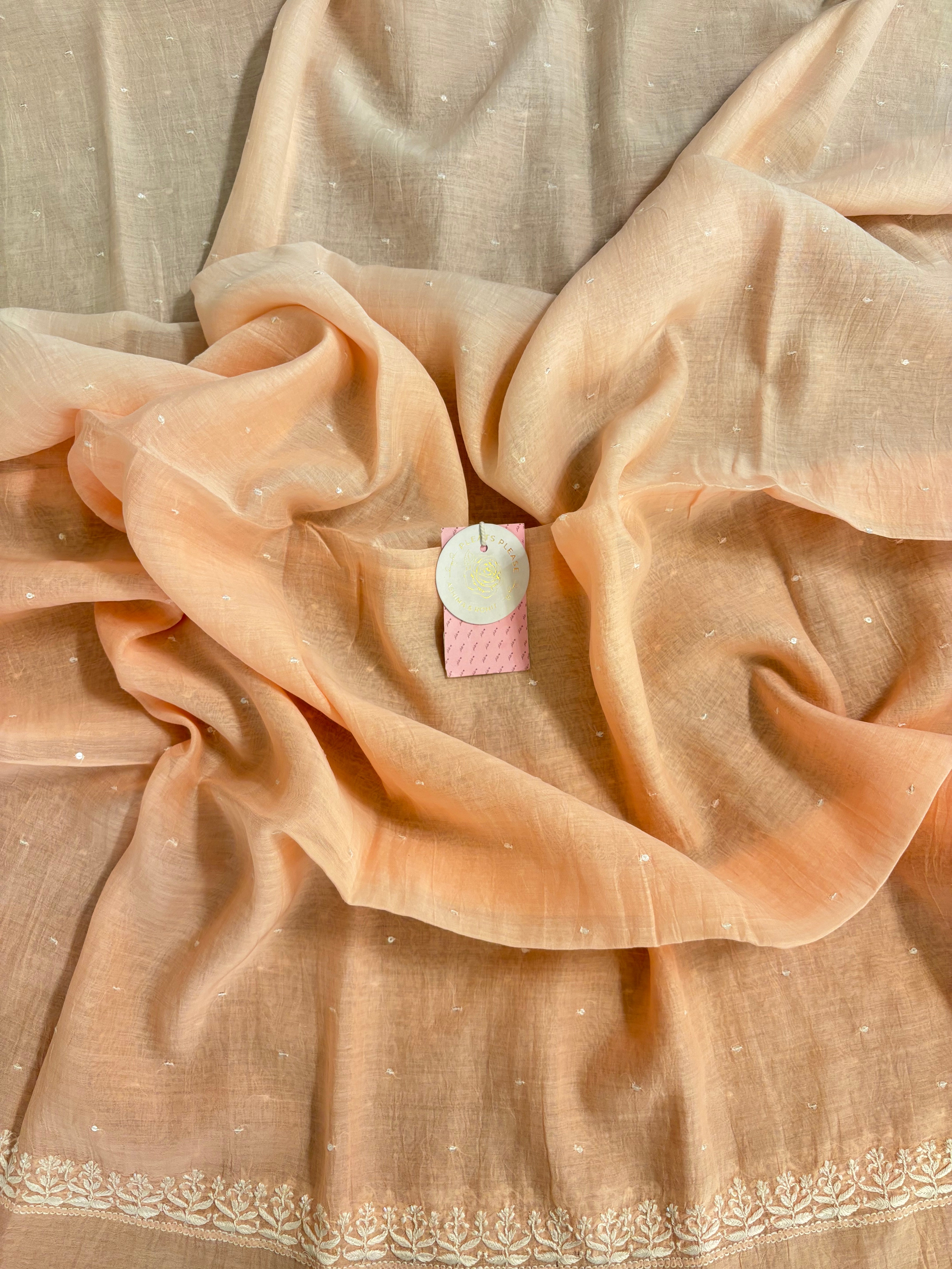 Pastel Peach Pure Chanderi Ombre Chikankari Kurta & Dupatta Set - Pleats PleaseChikankari
