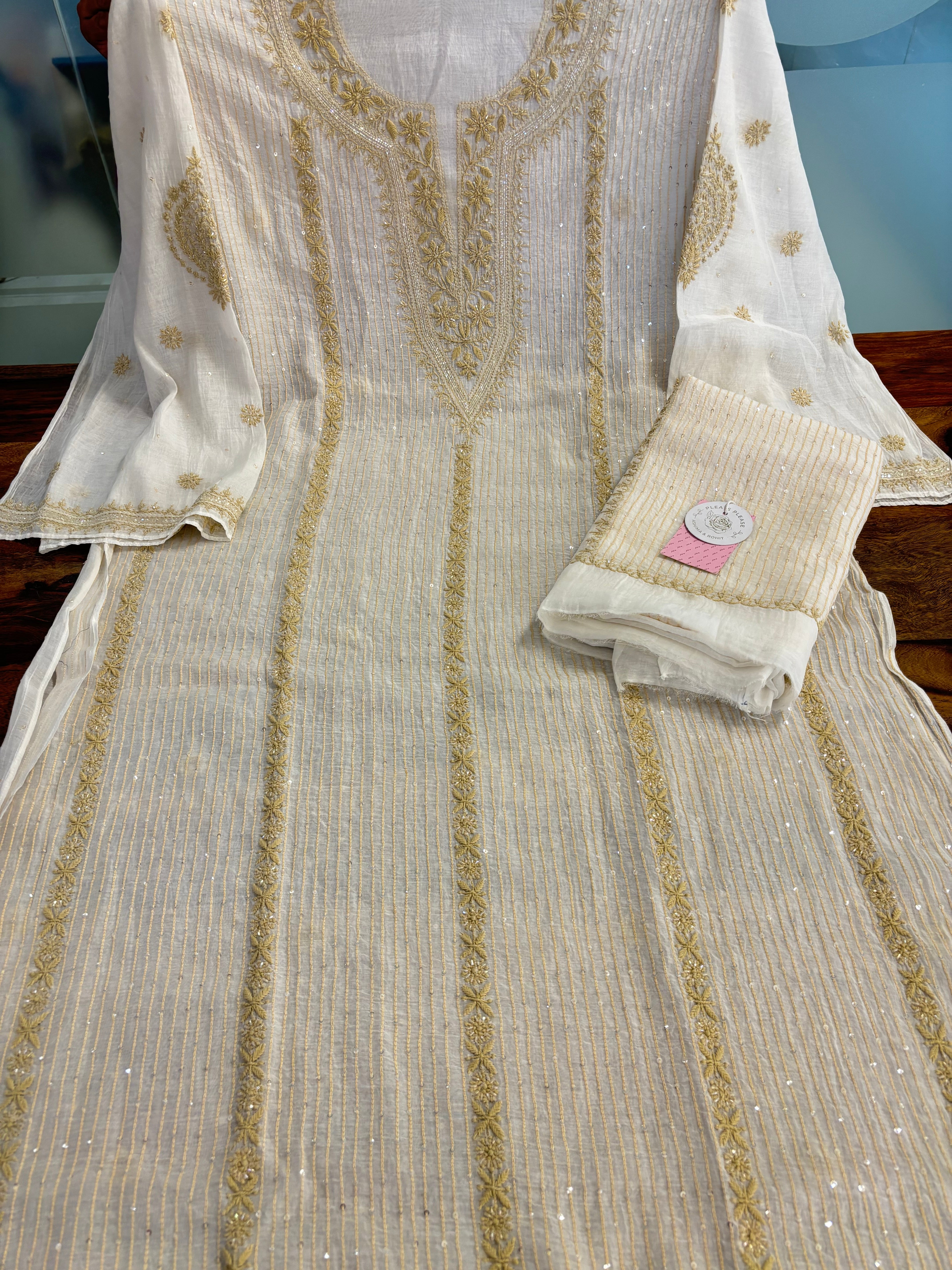 Dyeable Chanderi Mul Chikankari Kurta & Dupatta - Pleats PleaseChikankari