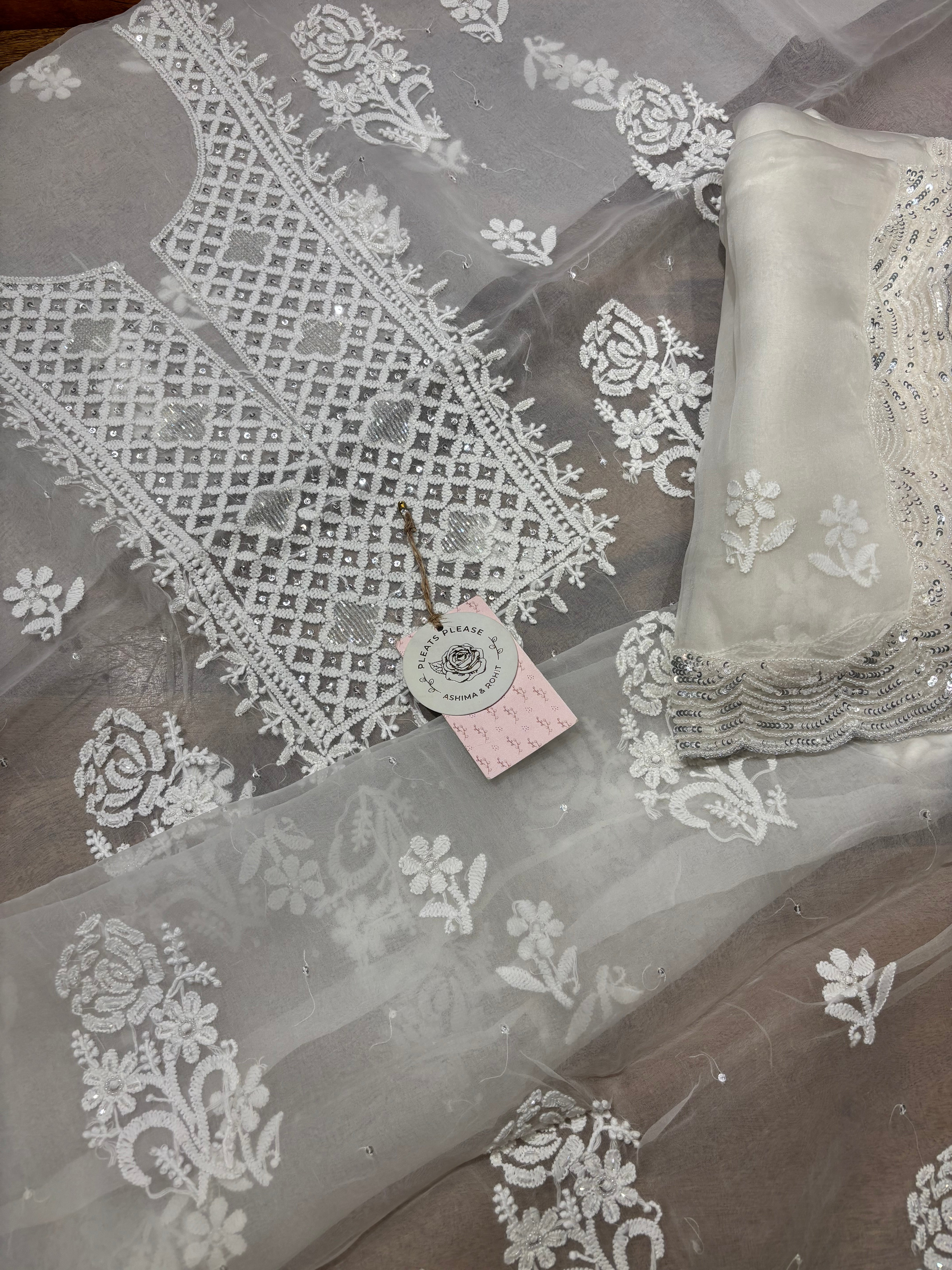 Dyeable Pure Organza Silk Chikankari Kurta And Dupatta Fabric