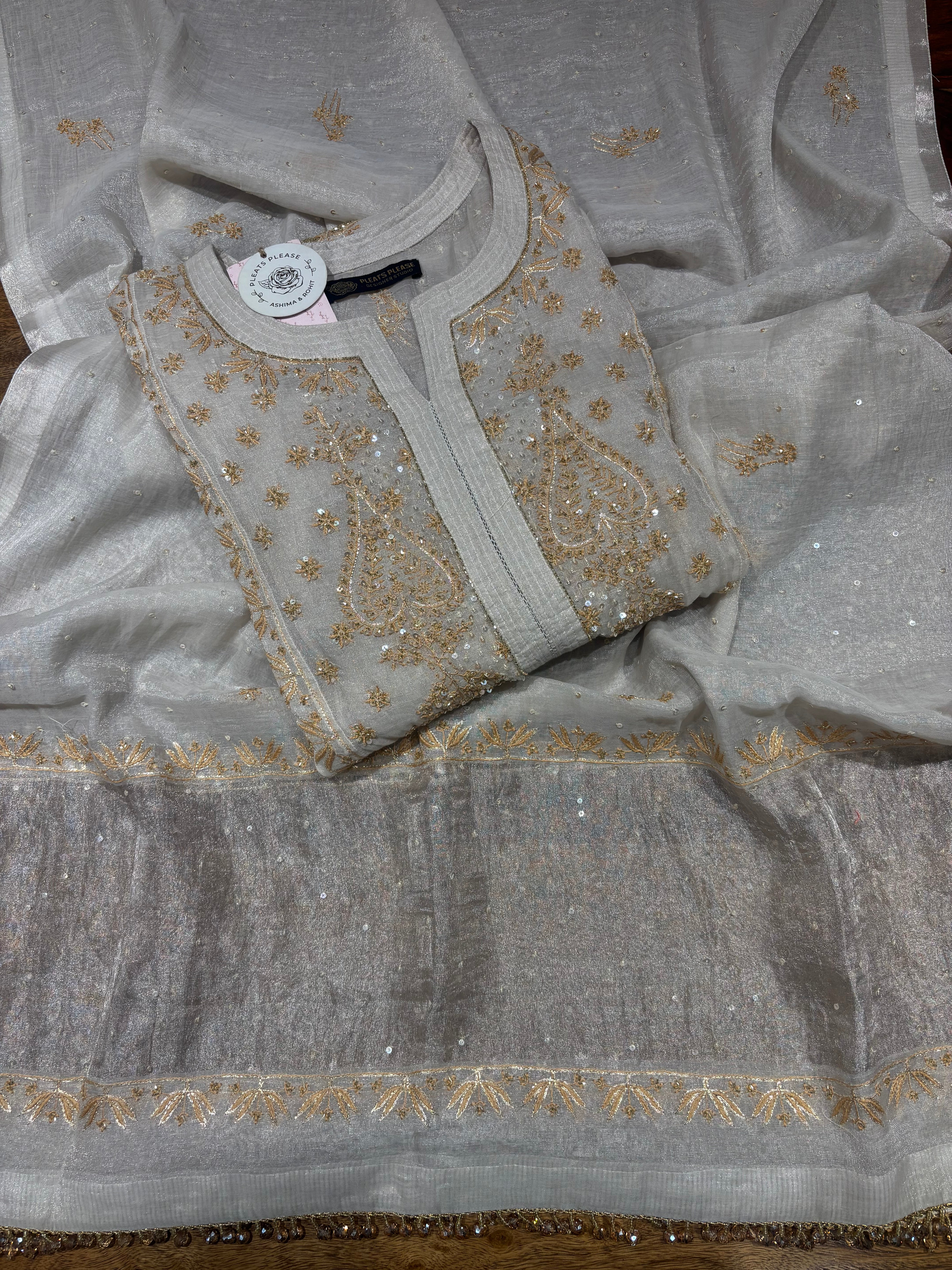Dyeable Pure & Premium Silver Tissue Chikankari Kurta & Dupatta Set