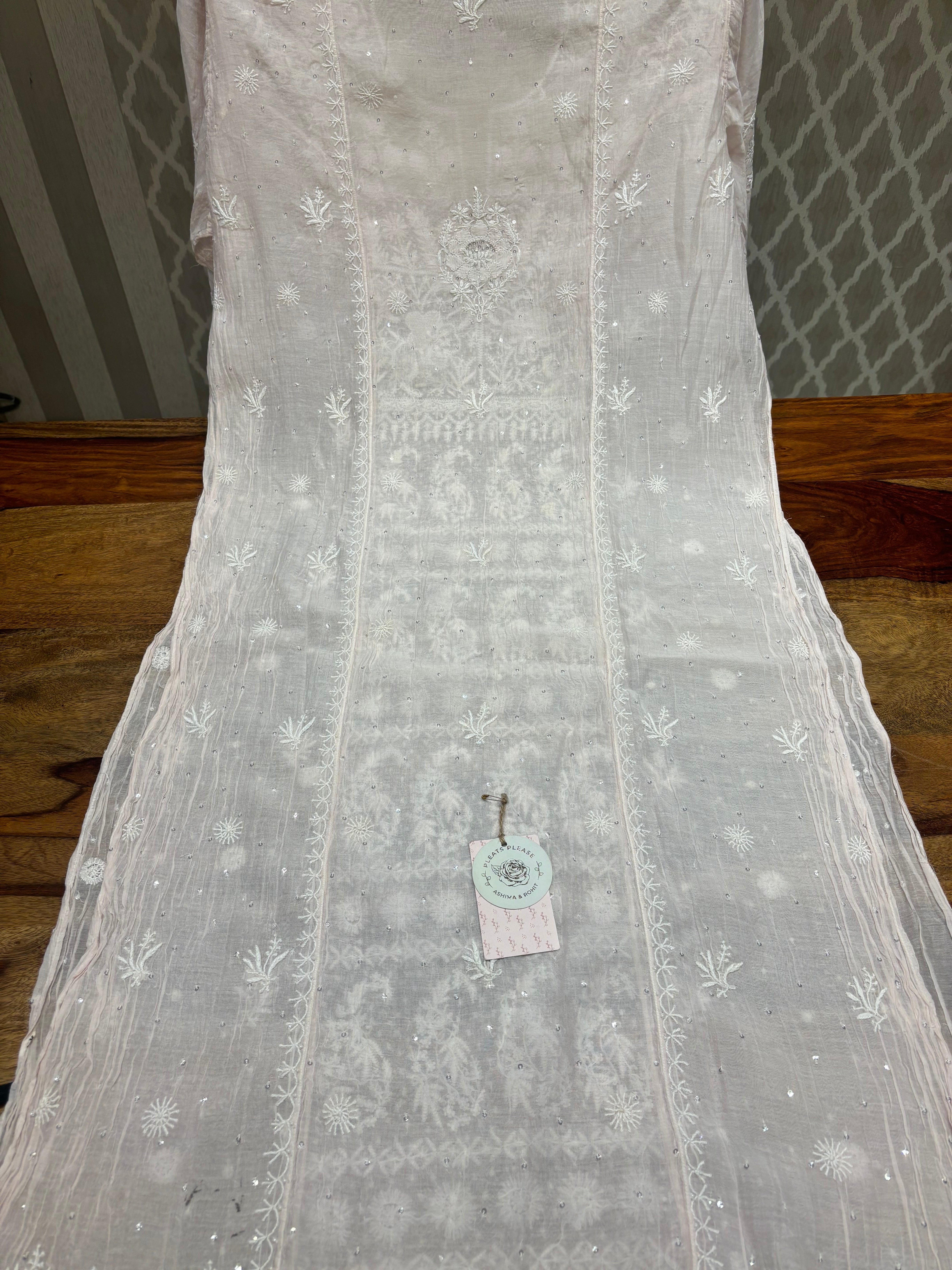 Rosé Cloud Chanderi Mul Chikankari Straight Kurta And Dupatta Set