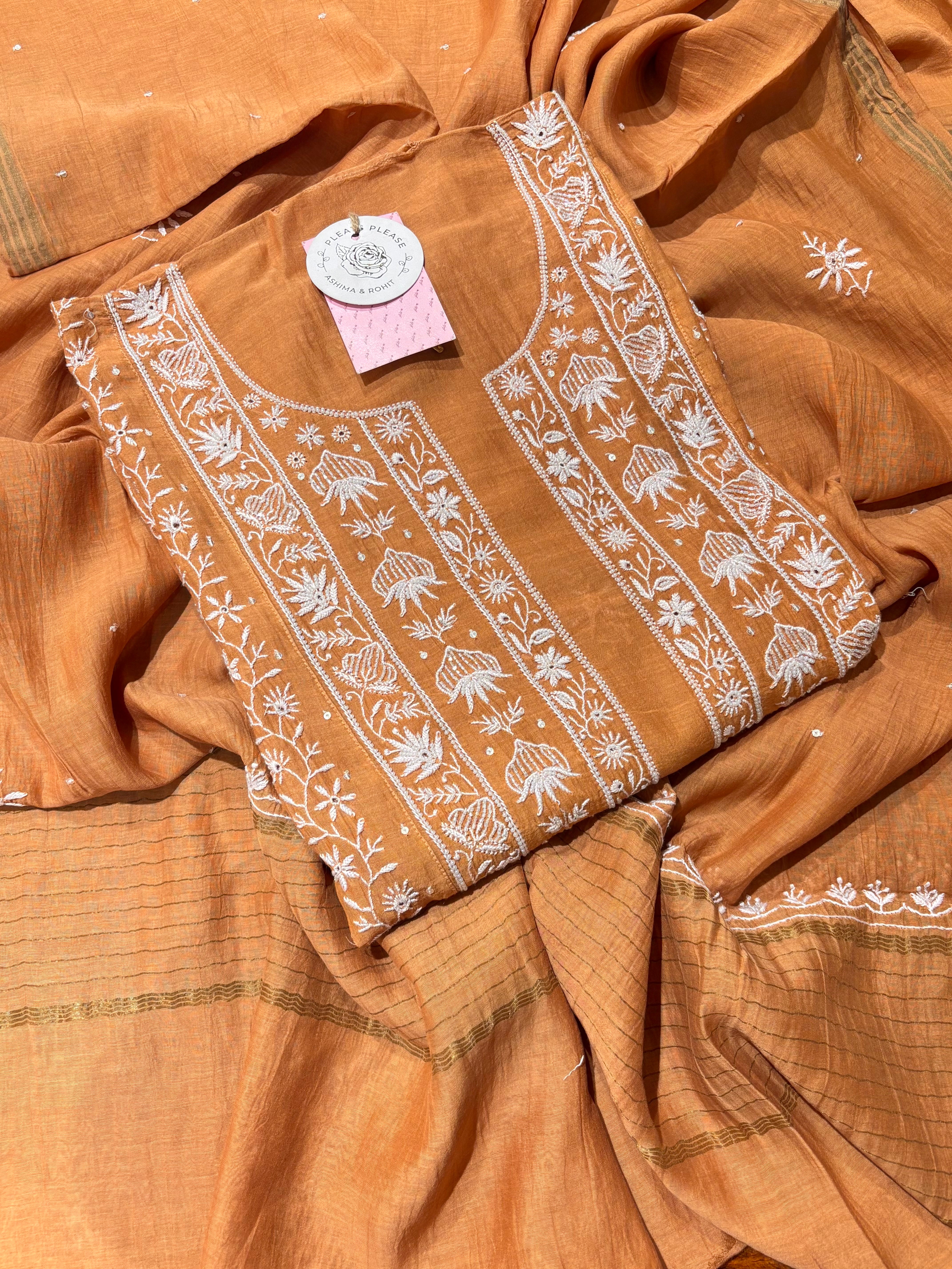 Caramel Brown Chanderi Mul Chikankari A-Line Kurta & Dupatta