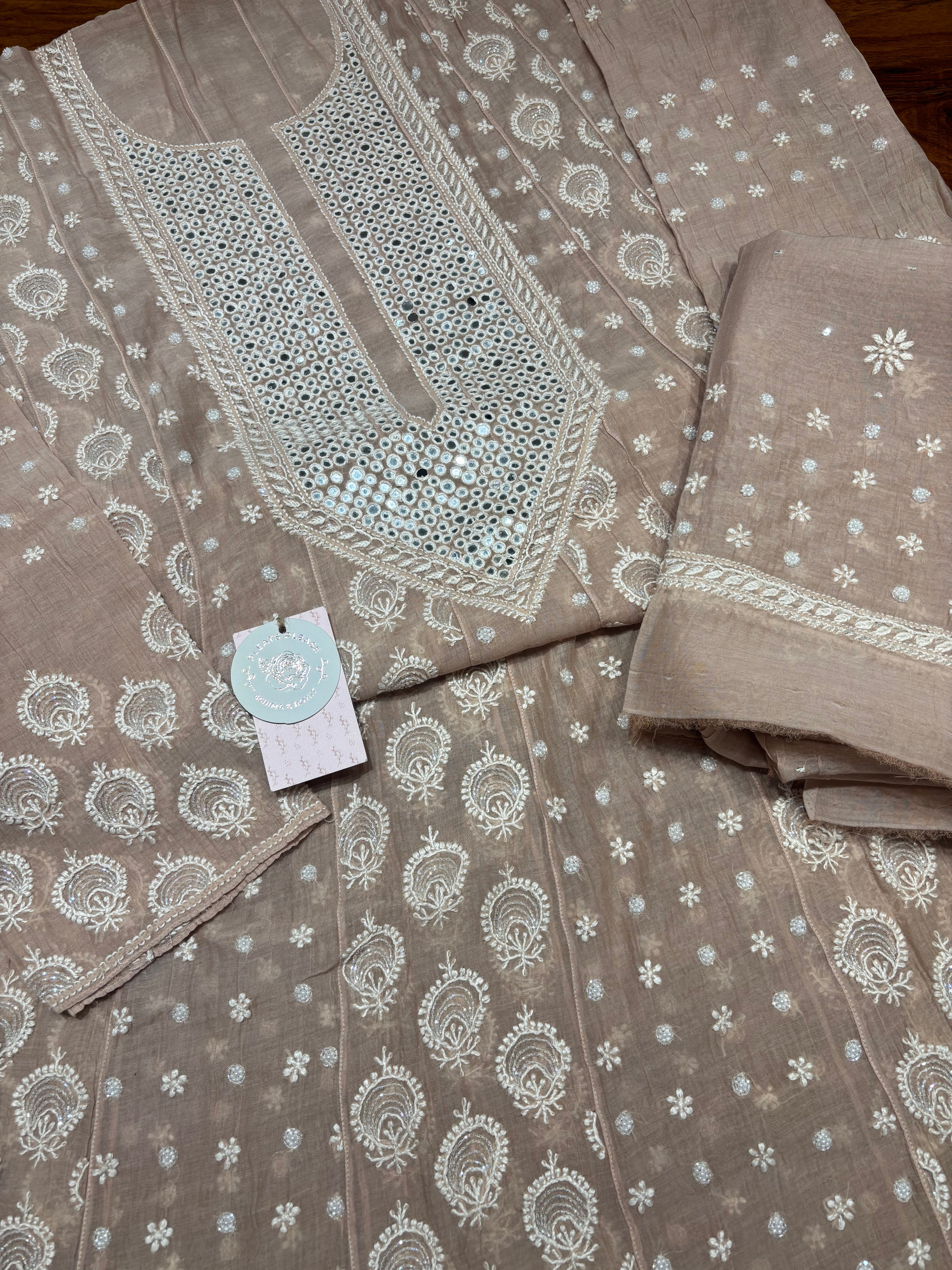 Nude Peach Chanderi Mul Chikankari Anarkali and Dupatta Set