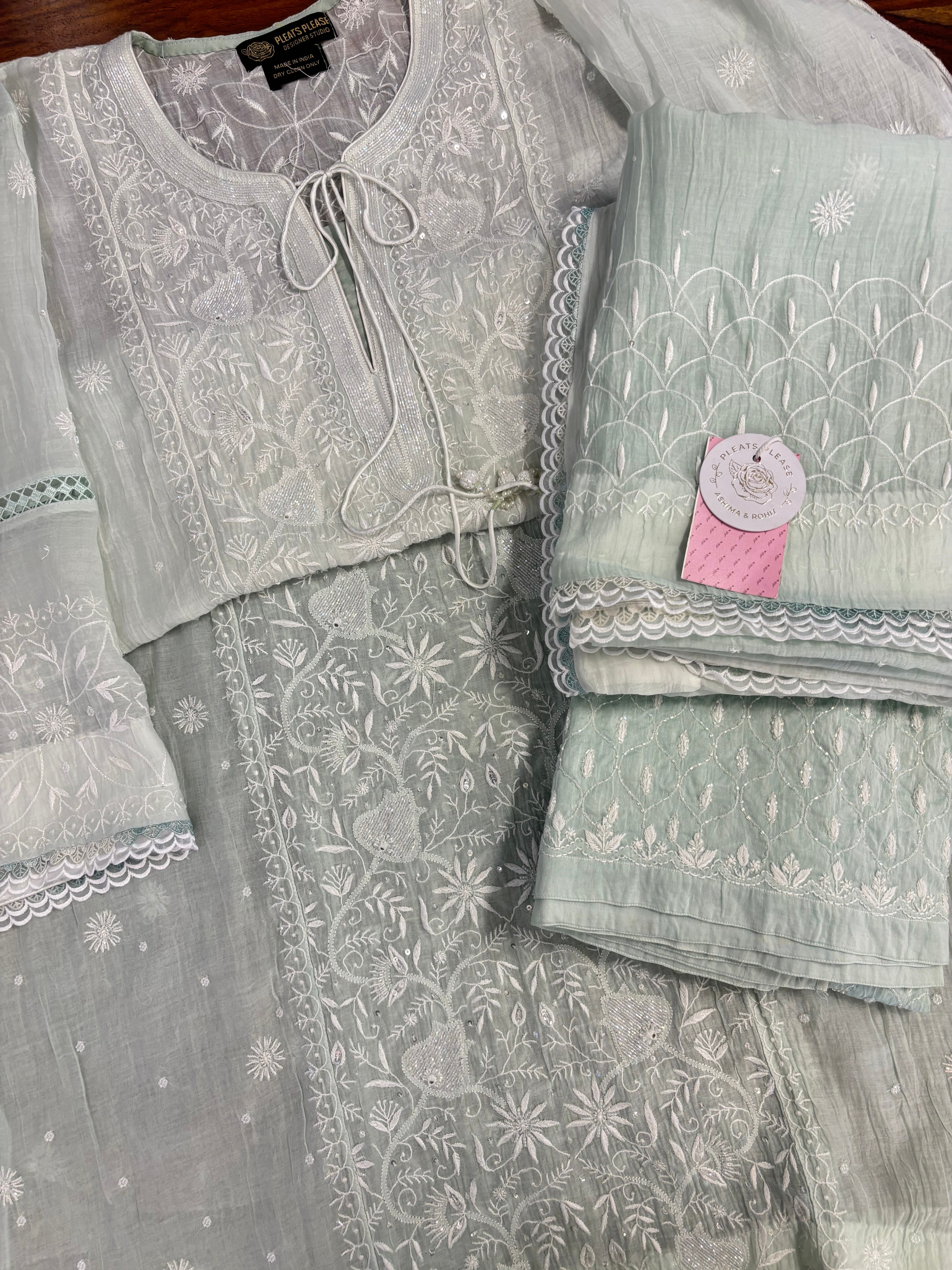 Sage Green Ombré Chanderi Mul Chikankari Kurta & Dupatta With Bottom - Pleats PleaseChikankari