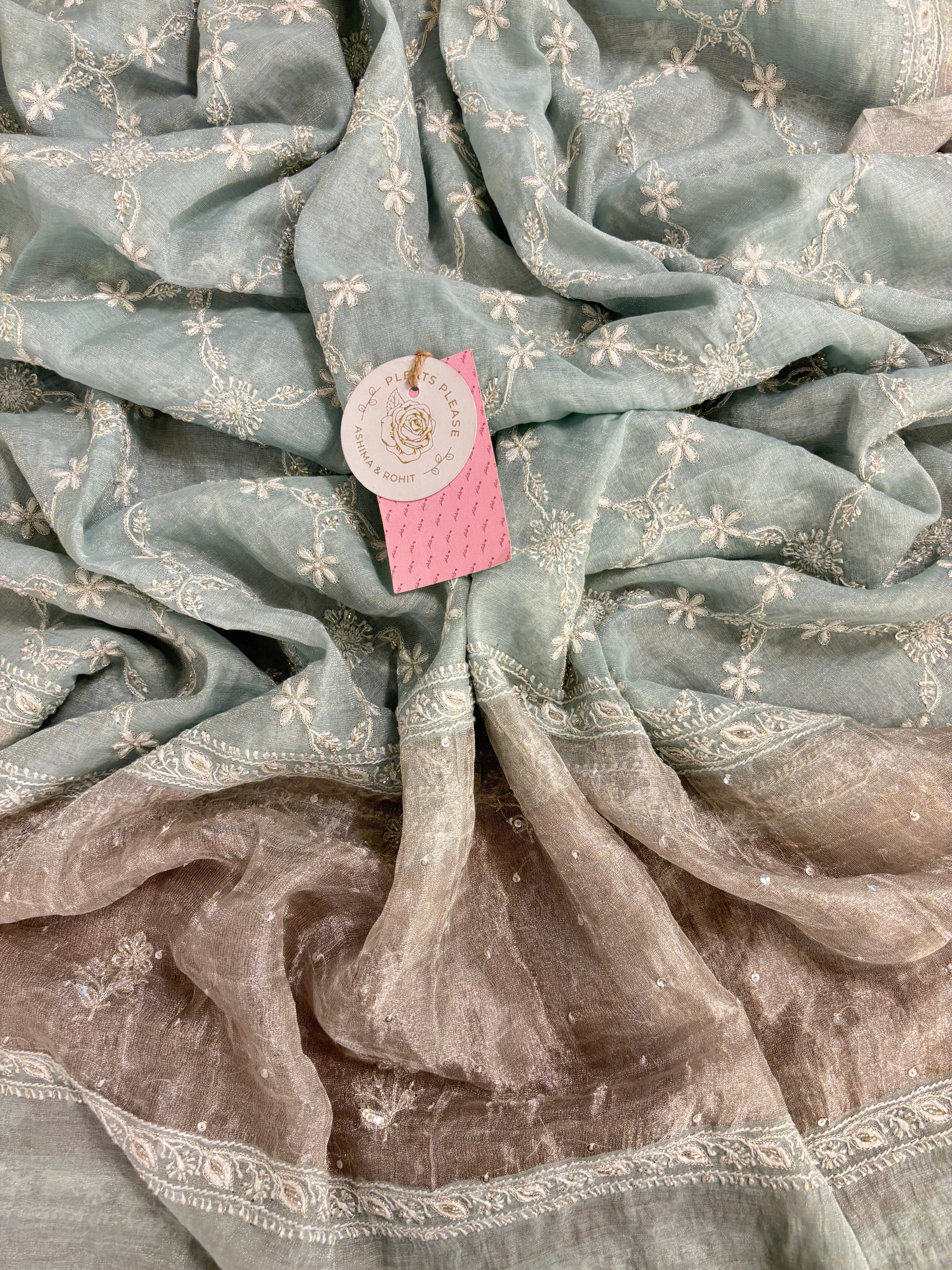 Pastel Sage Green Pure & Premium Tissue Chikankari Kurta & Dupatta