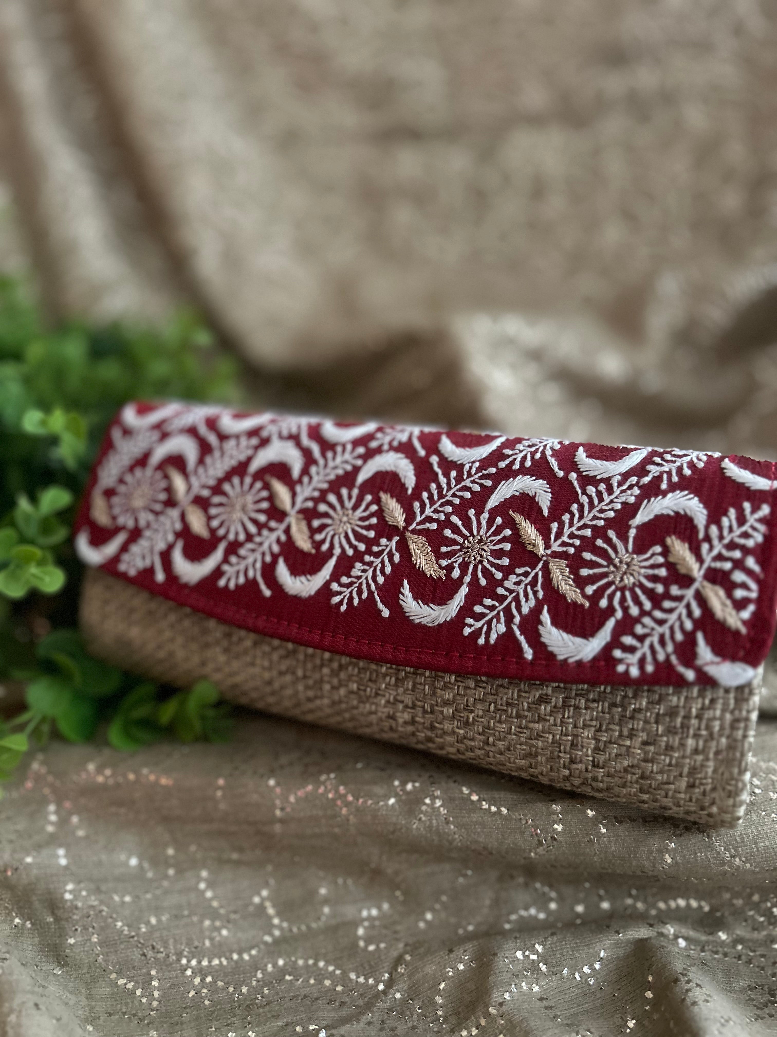 Cherry Red Chikankari Jute Clutch