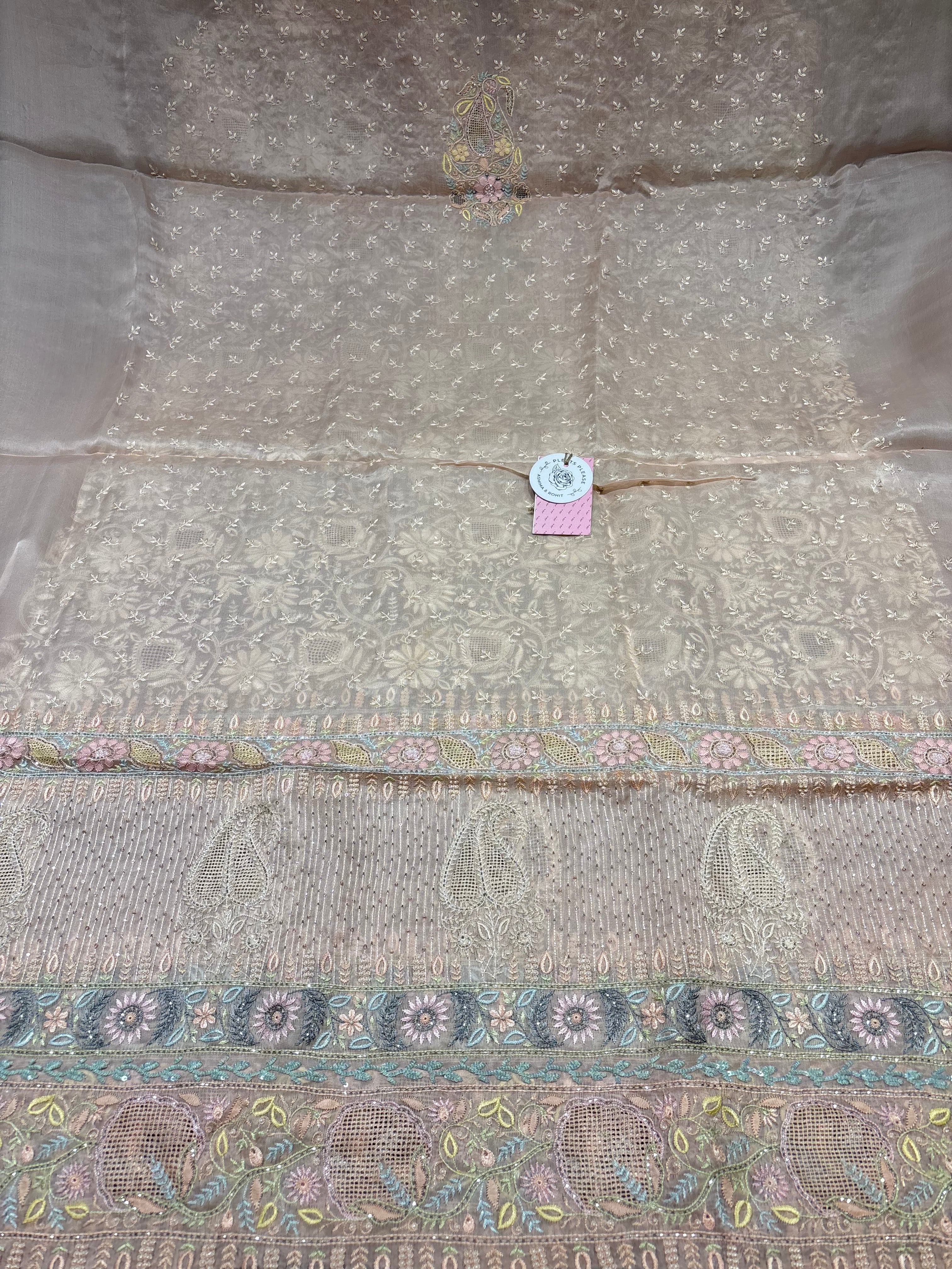 Peach Pure & Premium Organza Silk Chikankari Kurta & Dupatta Fabric