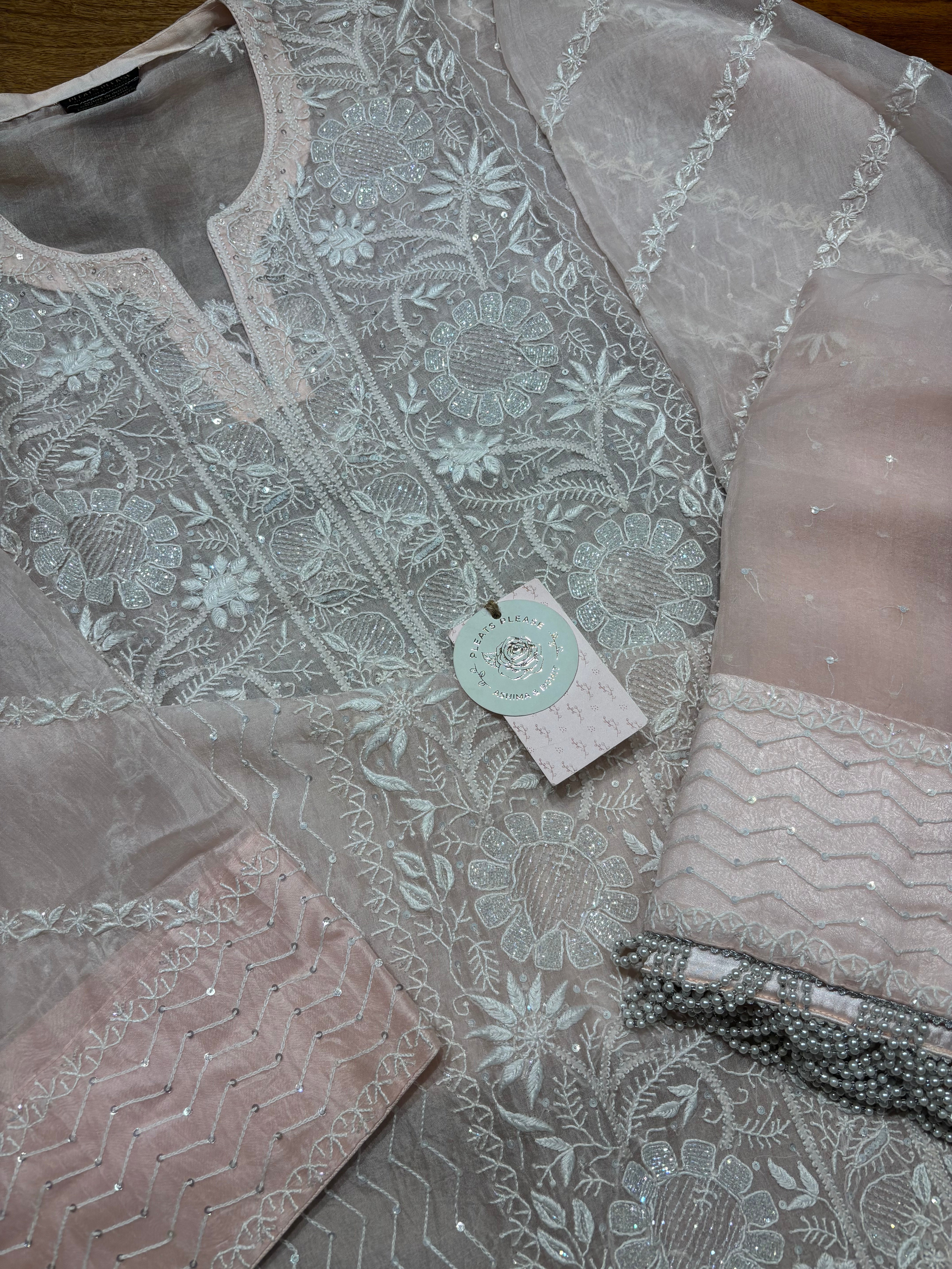 Soft Pink Organza Chikankari Kurta and Dupatta set