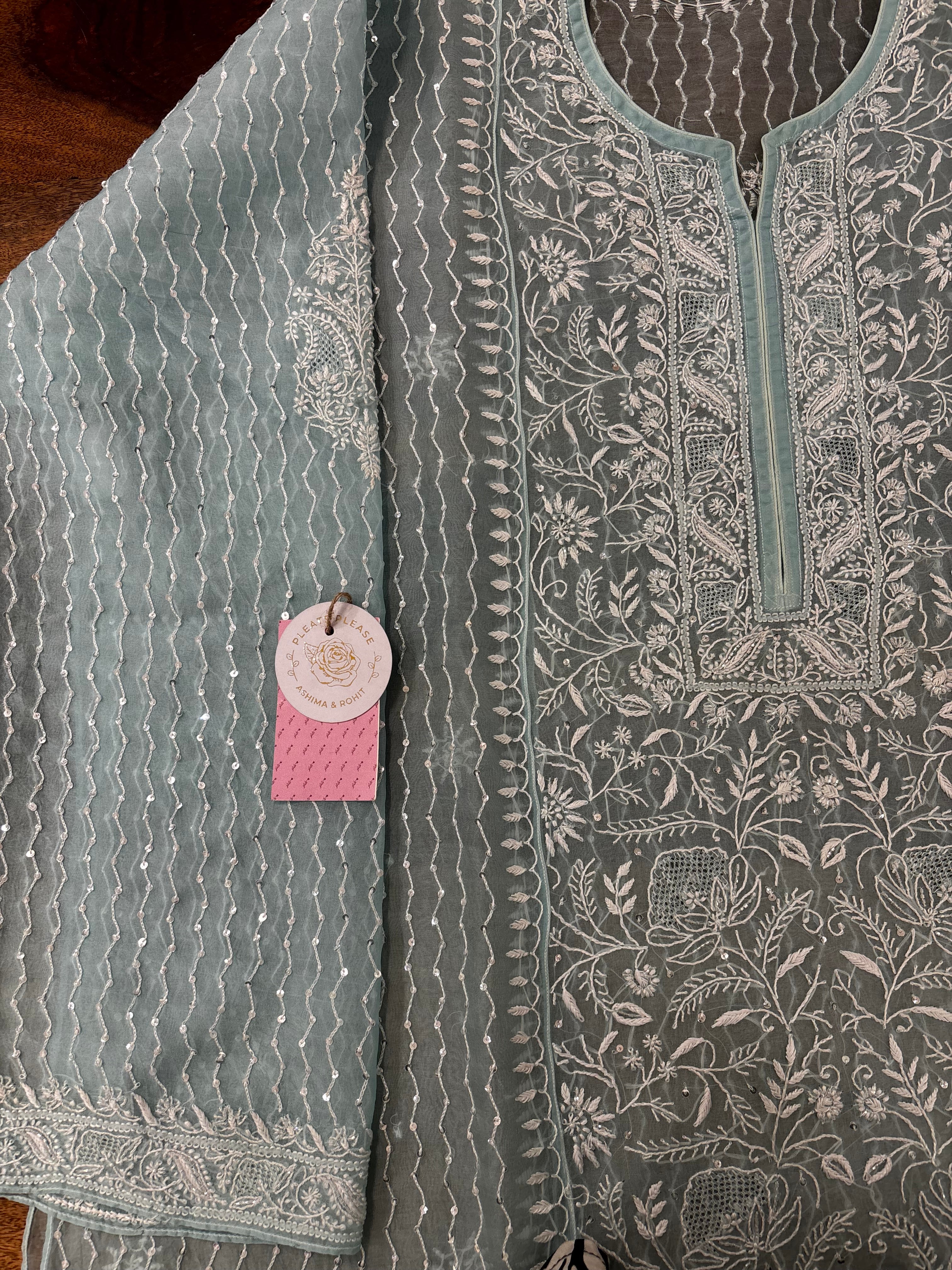 Mint Green Pure Organza Chikankari Kurta & Dupatta - Pleats PleaseChikankari