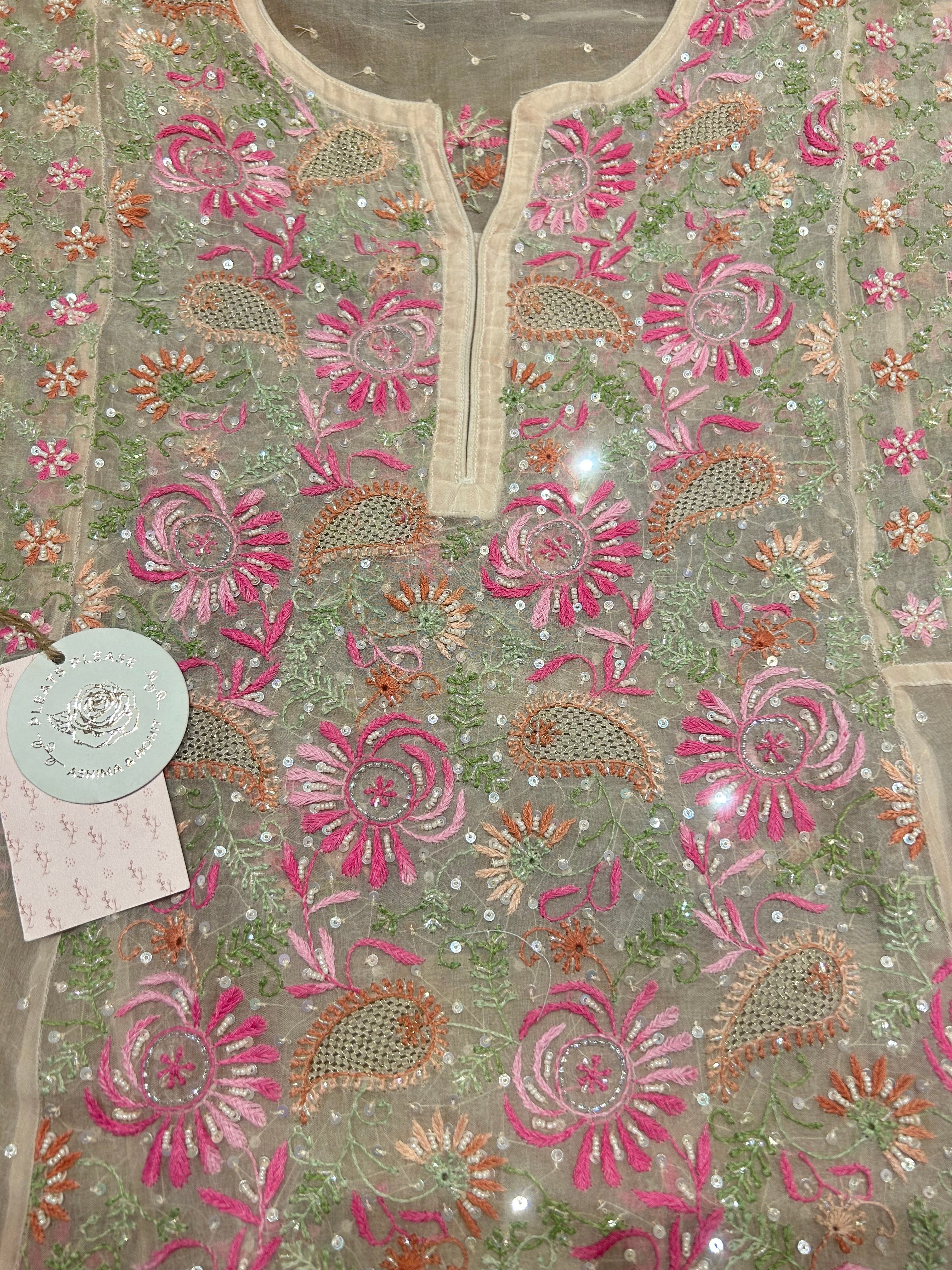 Blush Pink Chikankari Organza Anarkali & Dupatta