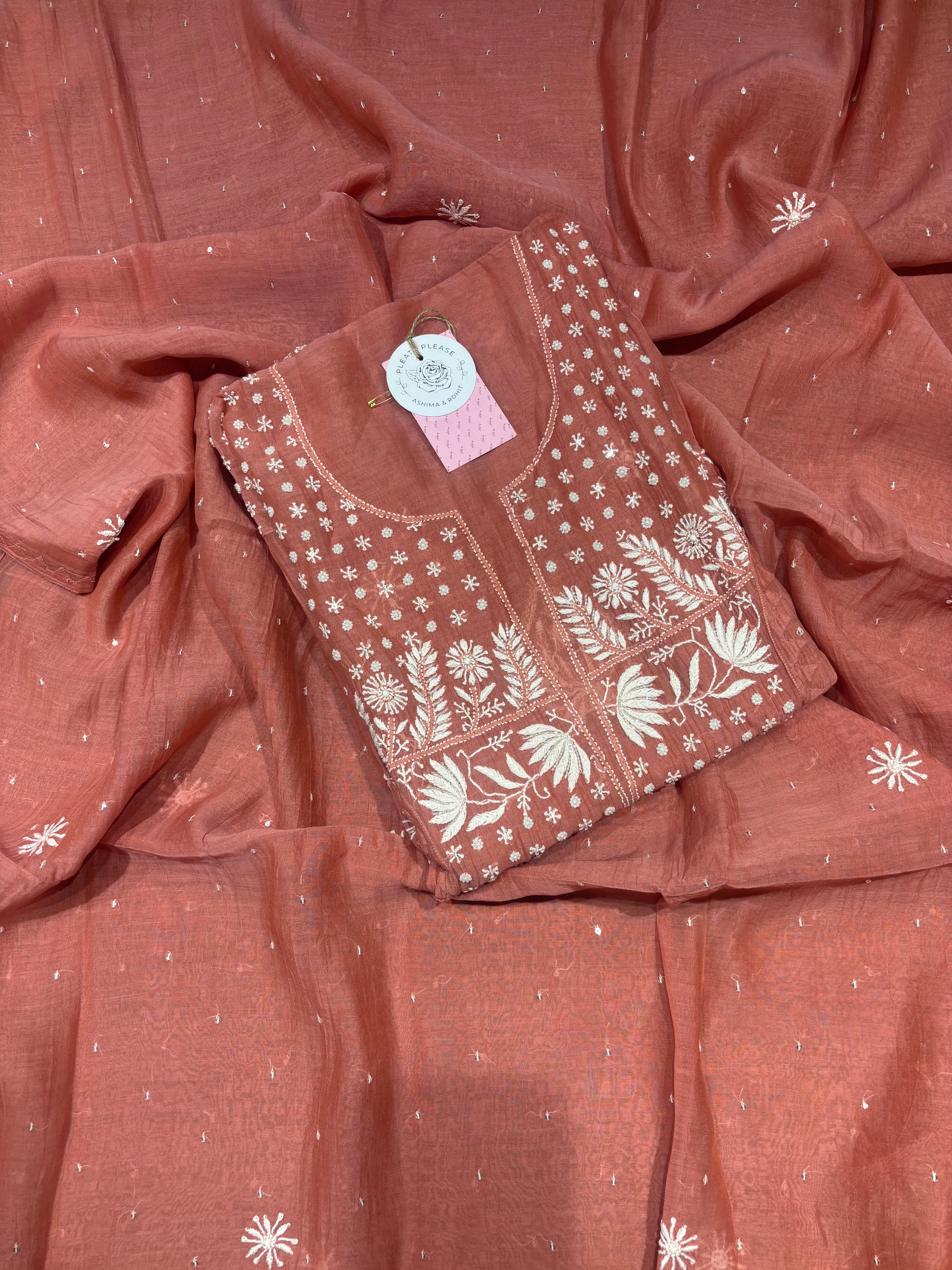 Coral Chanderi Mul Chikankari Kurta & Dupatta Set