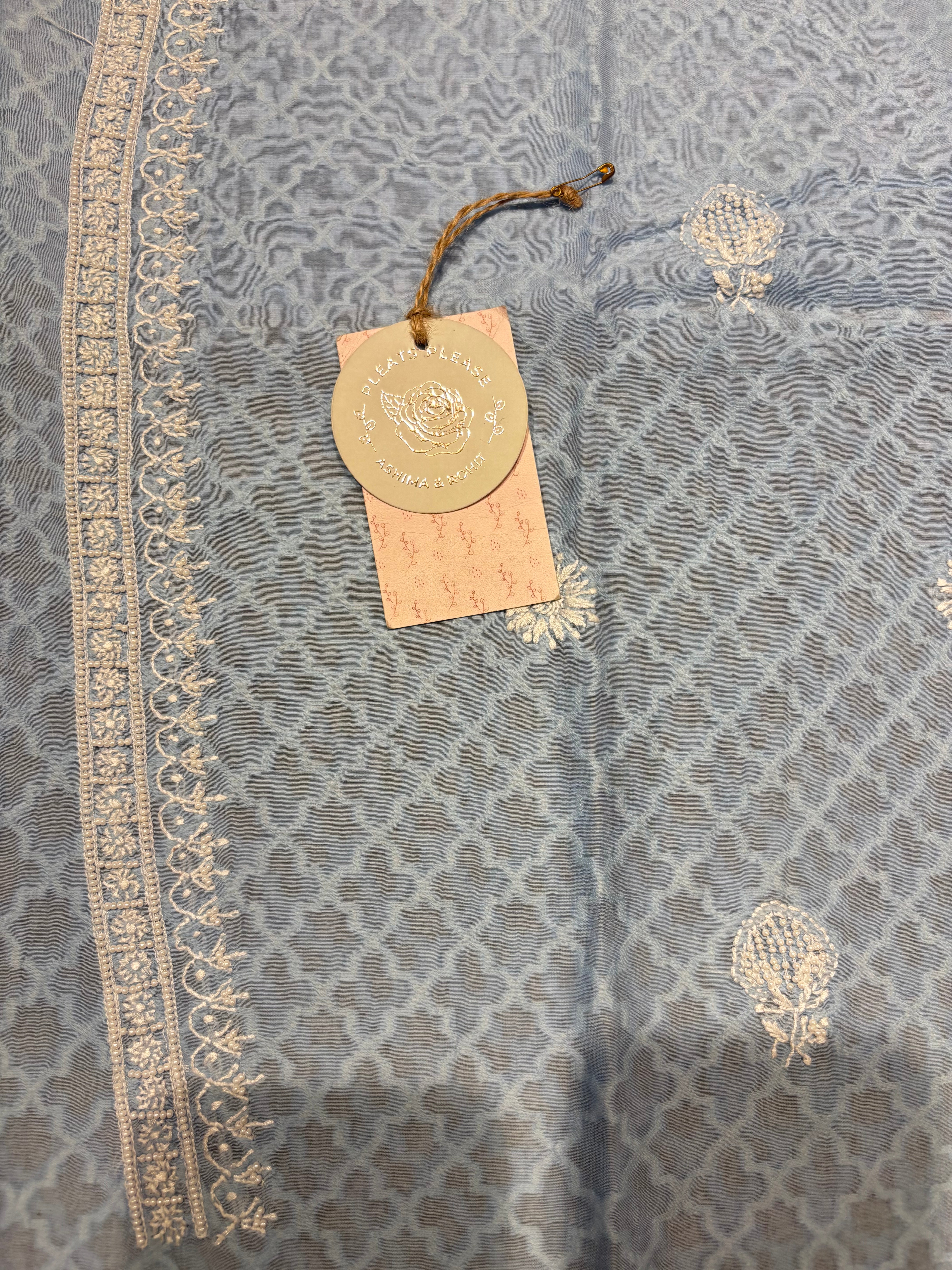 Blue Chanderi Jacquard Chikankari Men's Kurta Fabric