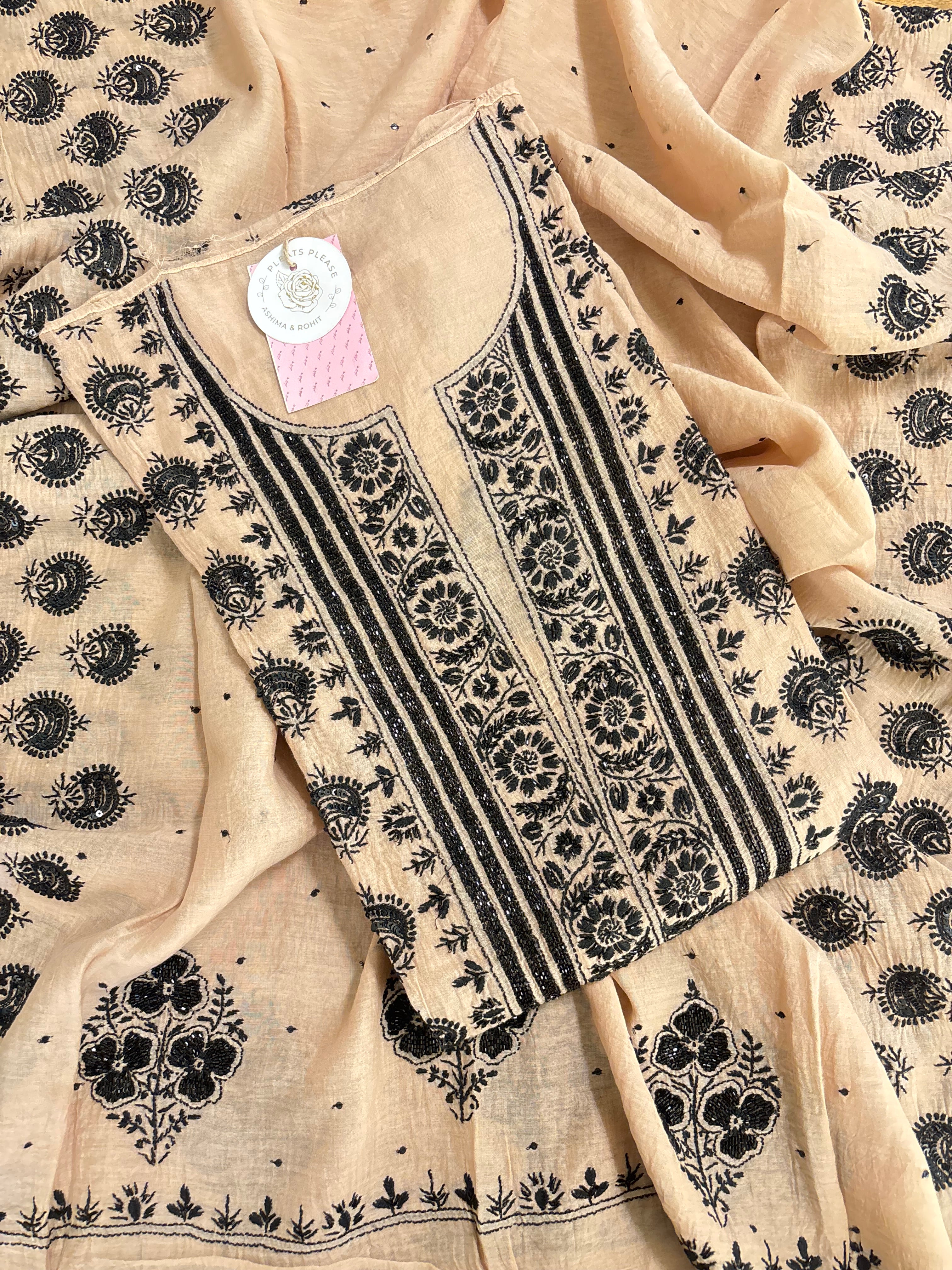Beige Chanderi Chikankari Kurta & Dupatta