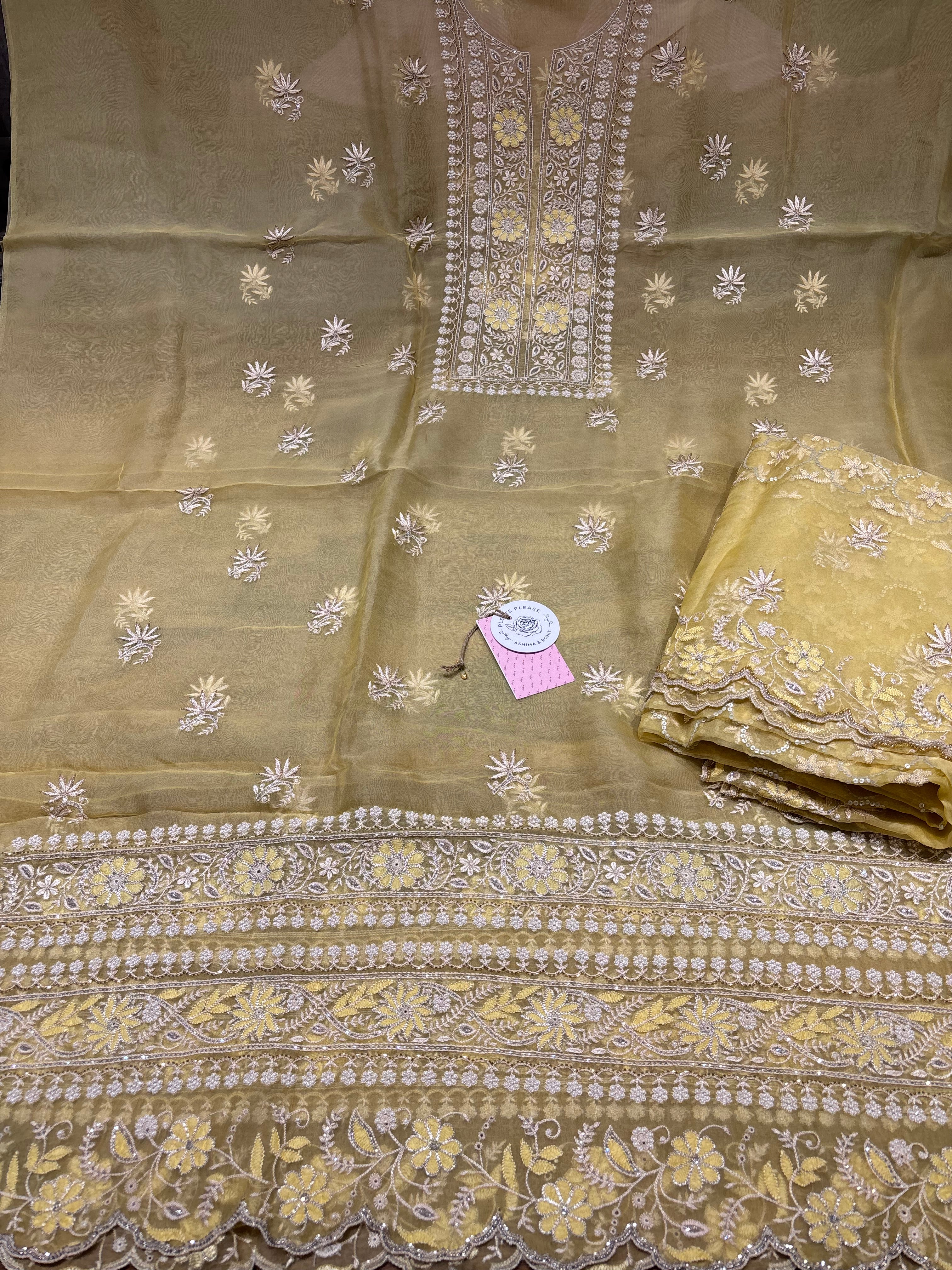 Yellow Pure & Premium Organza Silk Chikankari Kurta & Dupatta Fabric