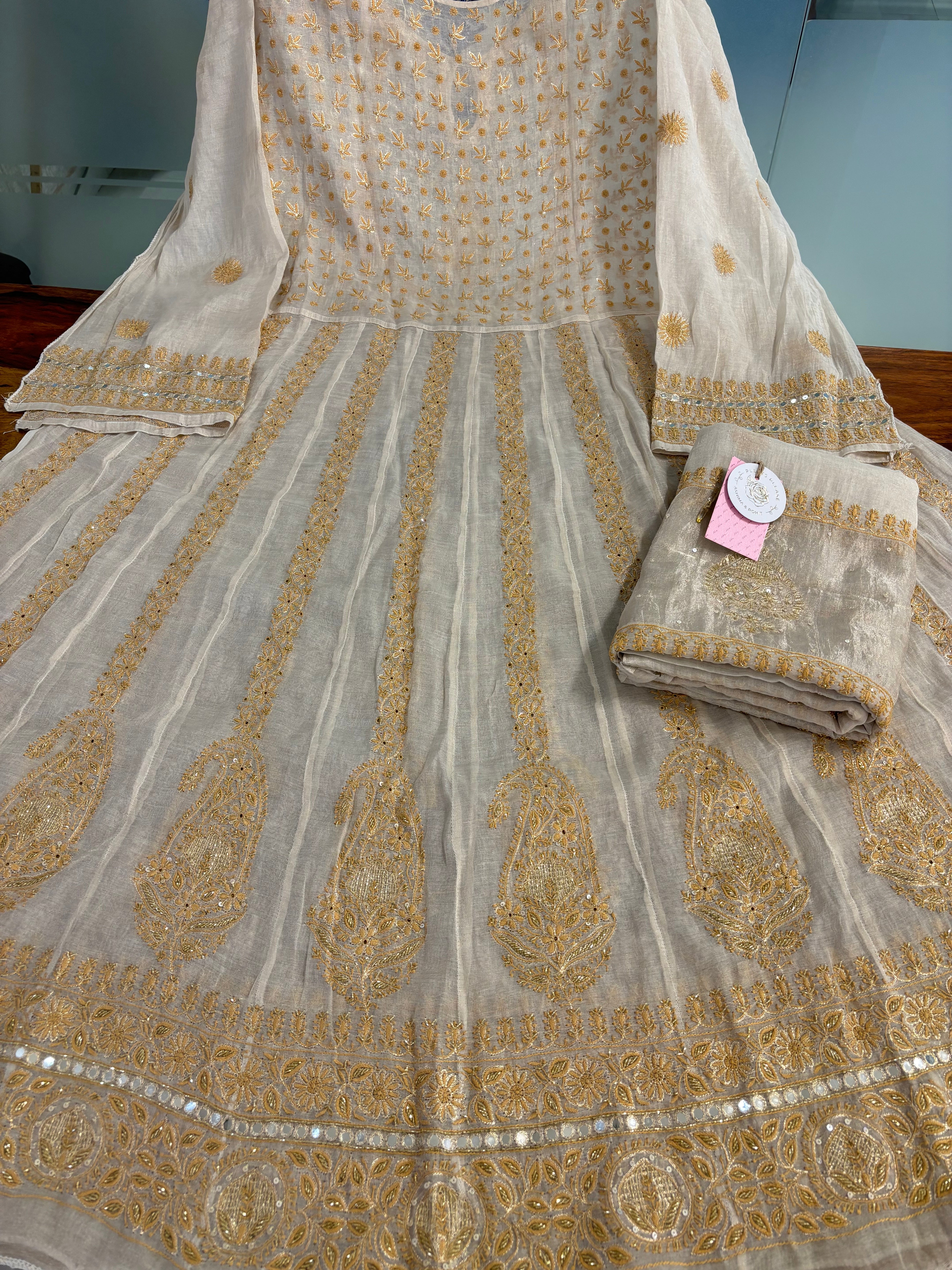 Dyeable Silver Tissue Bajirao Chikankari Anarkali & Dupatta Set