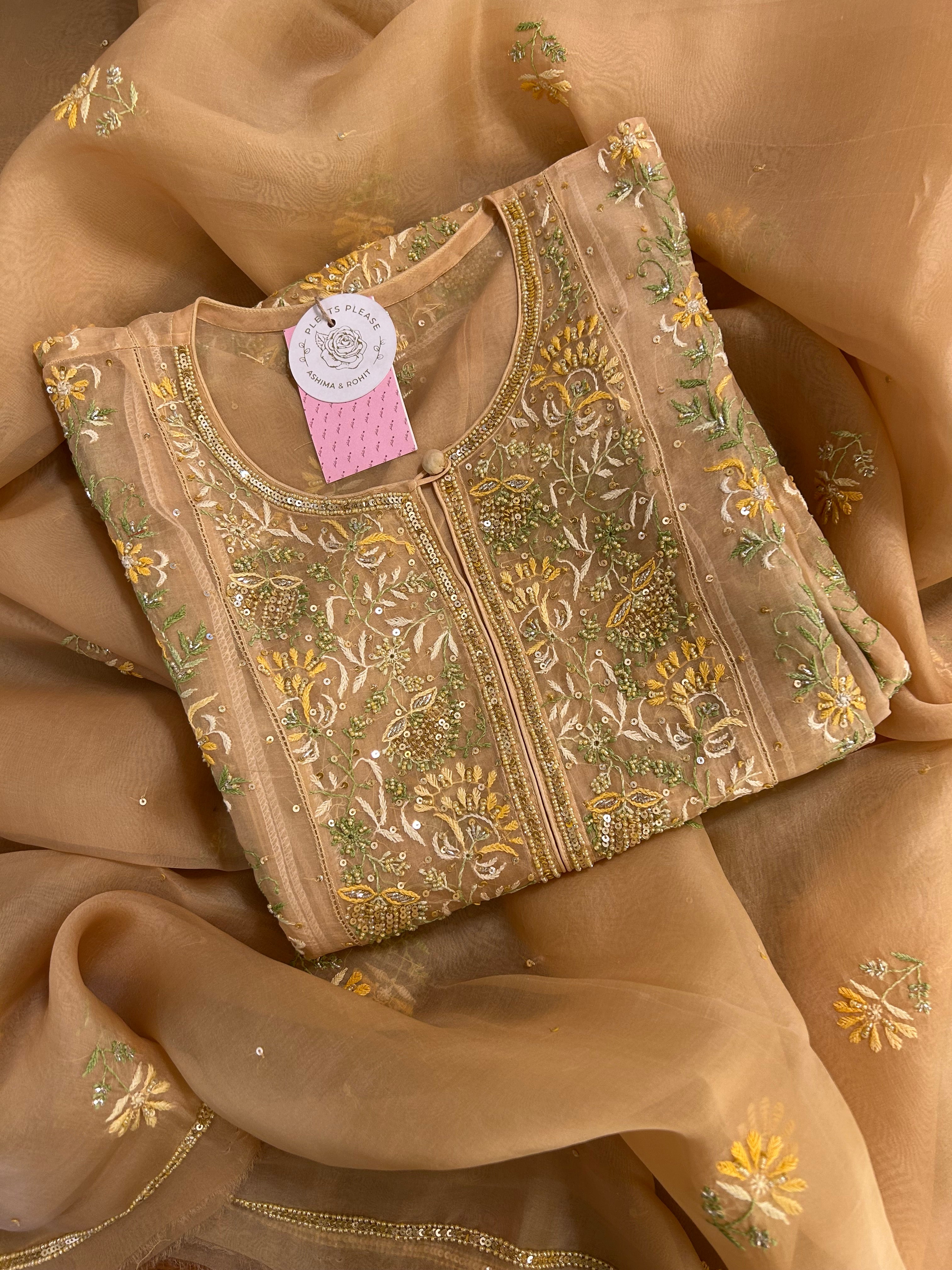 Golden Pure Organza Chikankari Kurta & Dupatta
