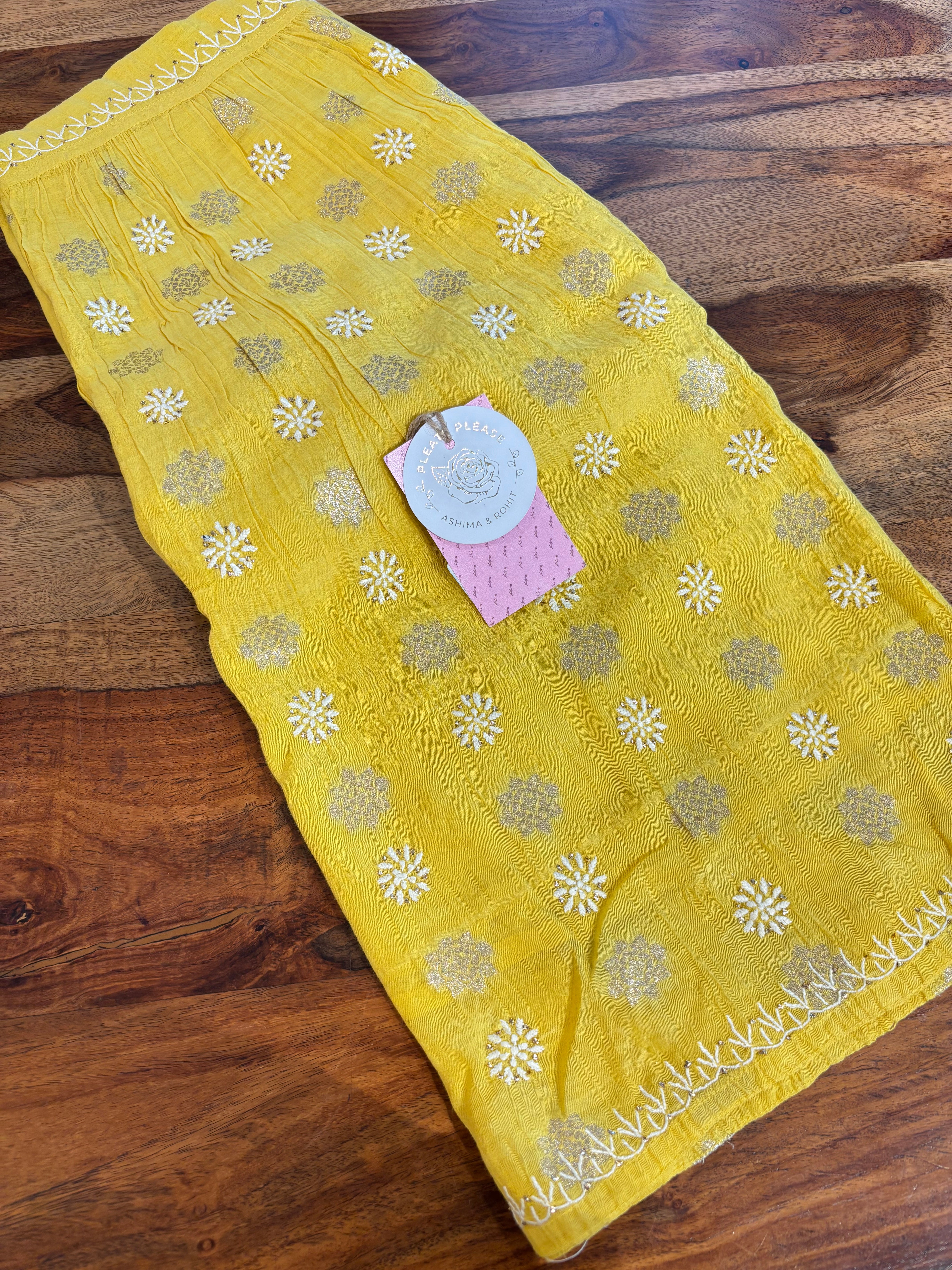 Yellow Chanderi Chikankari Mukaish Kurta, Dupatta & Sharara Set