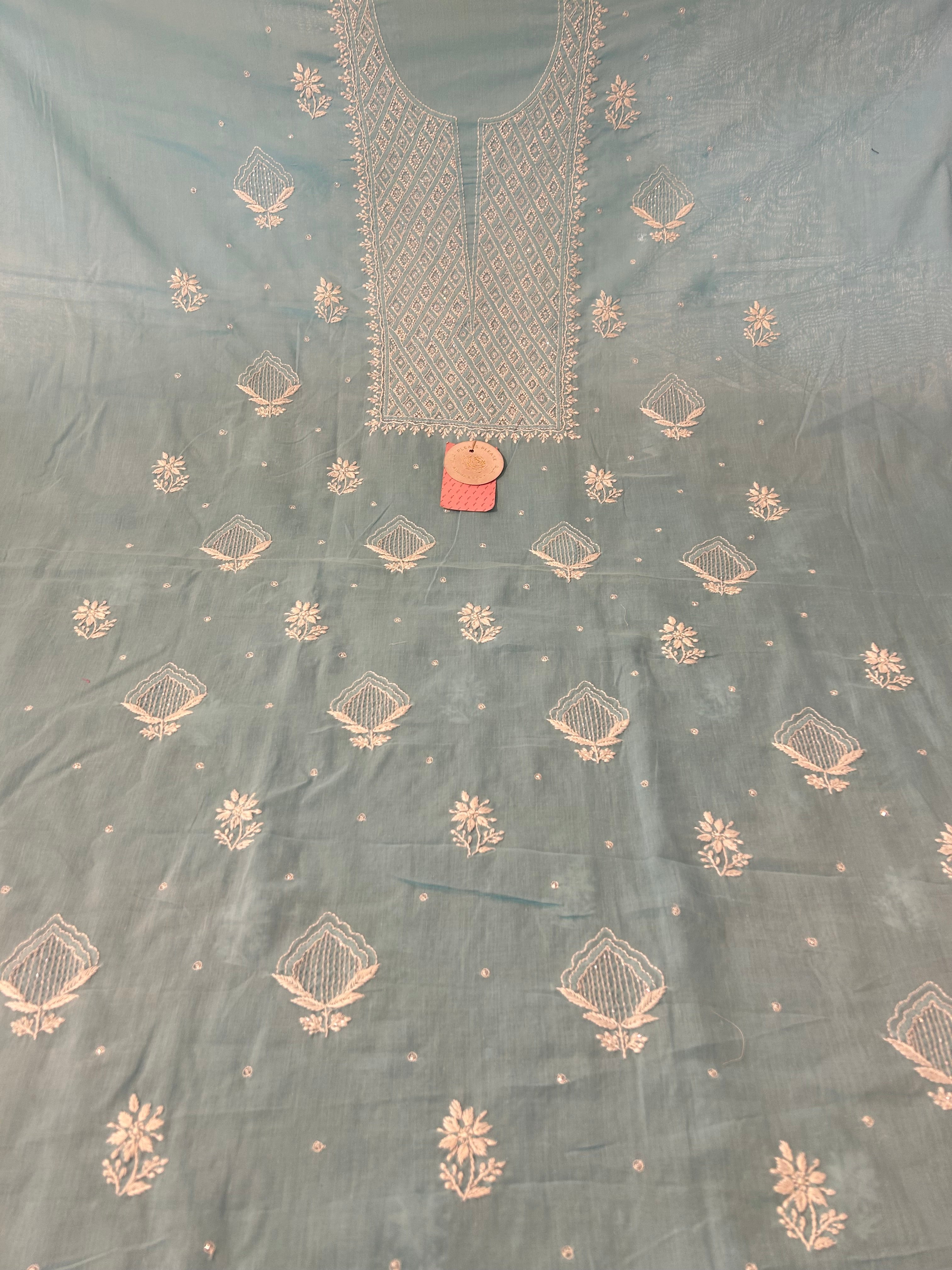 Ice Blue Mulmul Chikankari Kurta - Pleats PleaseChikankari